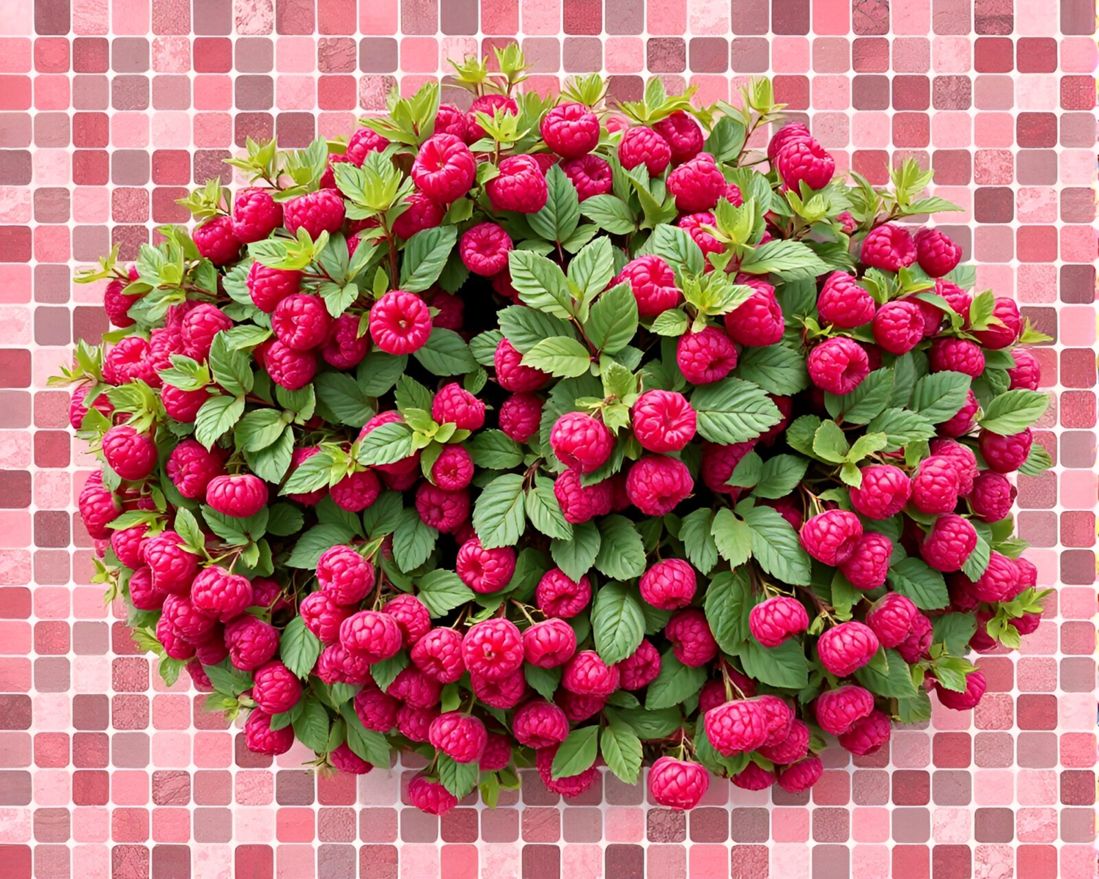 Muted colors of raspberry bush in intricate mosaic pattern