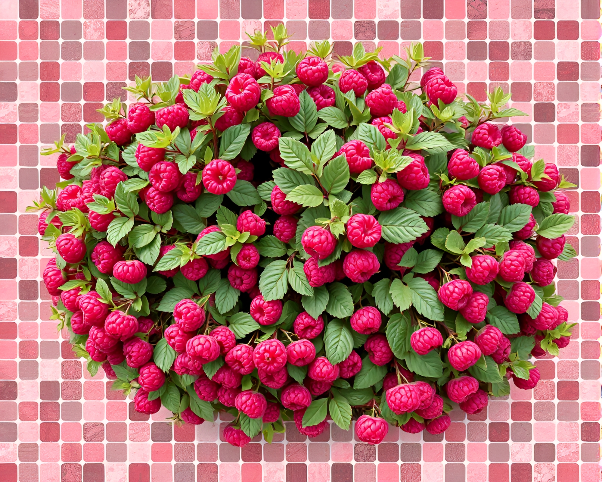 Raspberry Bush Mosaic: Washed-Out Grid Overlay – free AI stock image
