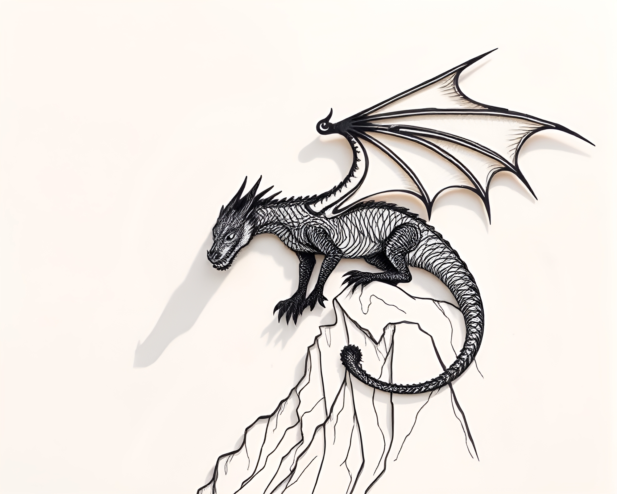 Dragon Perched on Shadowed Cliffside in Etching Style – free AI stock image