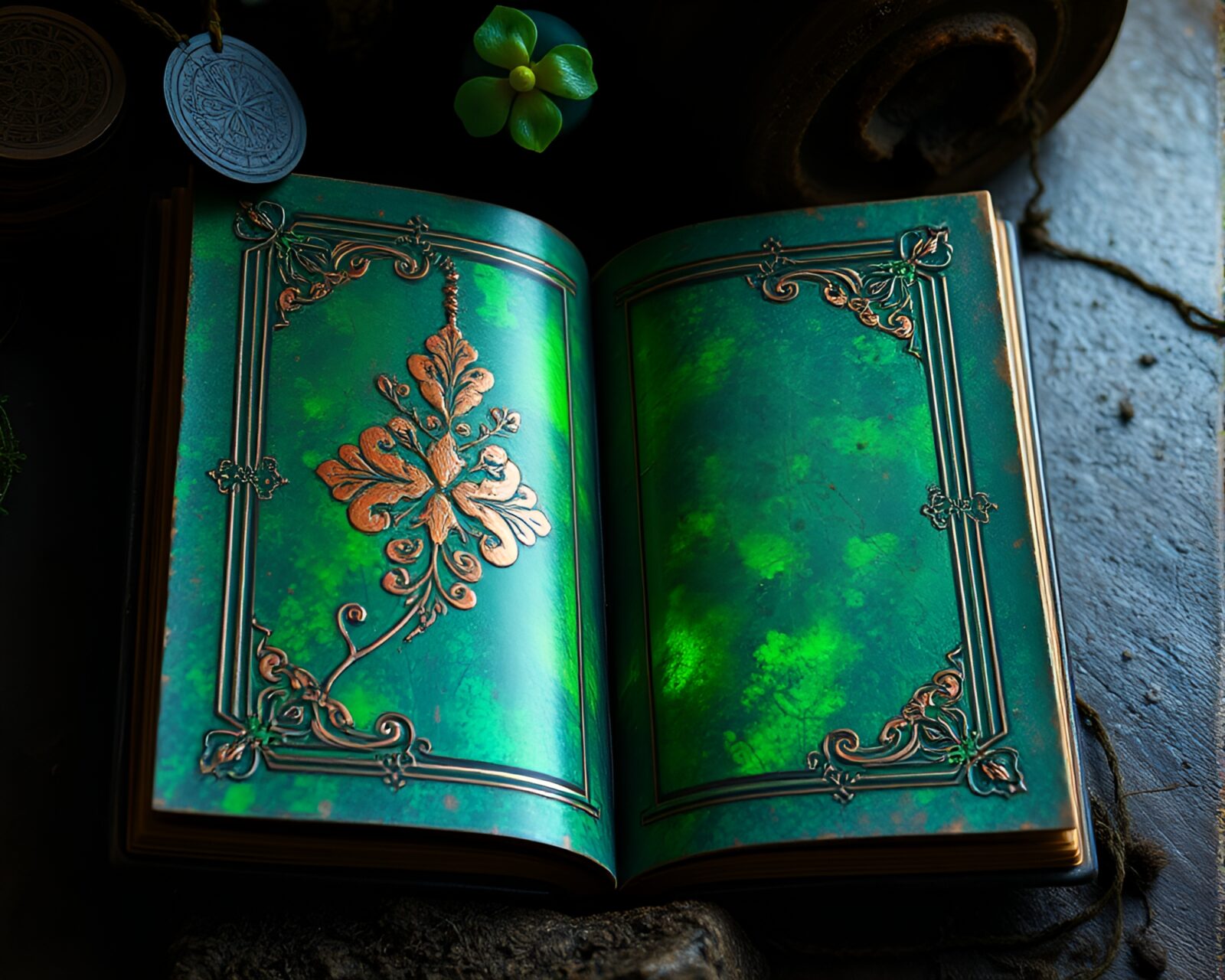 Mystical book encased in verdigris among lush greenery