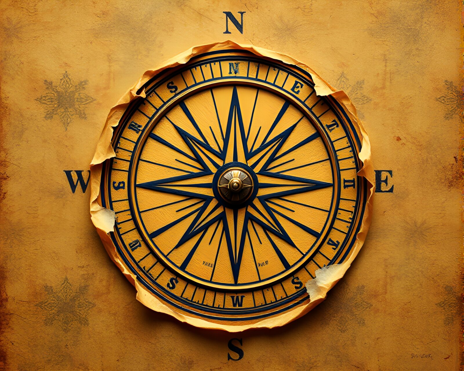 Antique compass surrounded by holographic paper tears