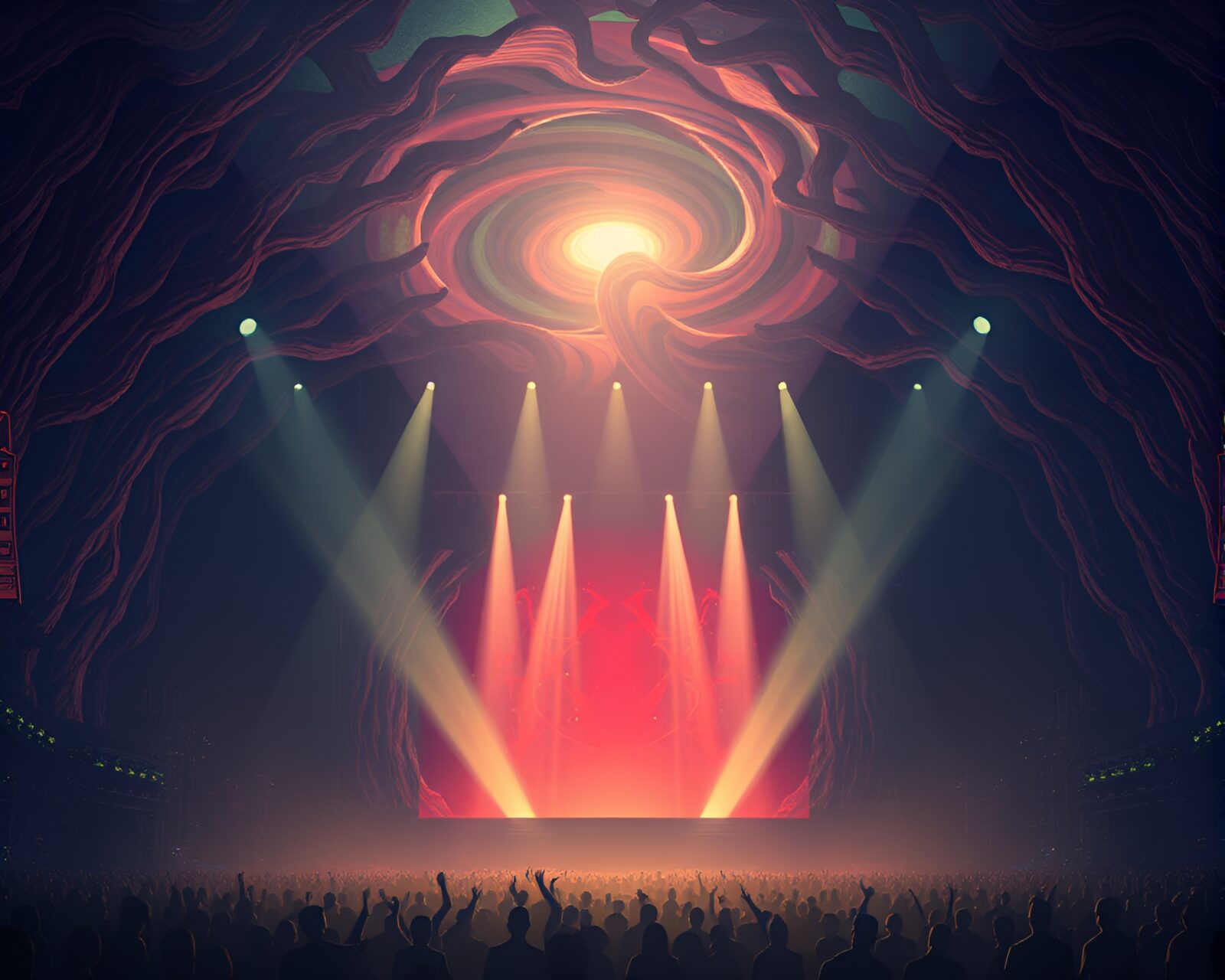 Mysterious swirling vortex in magical forest with colorful lights