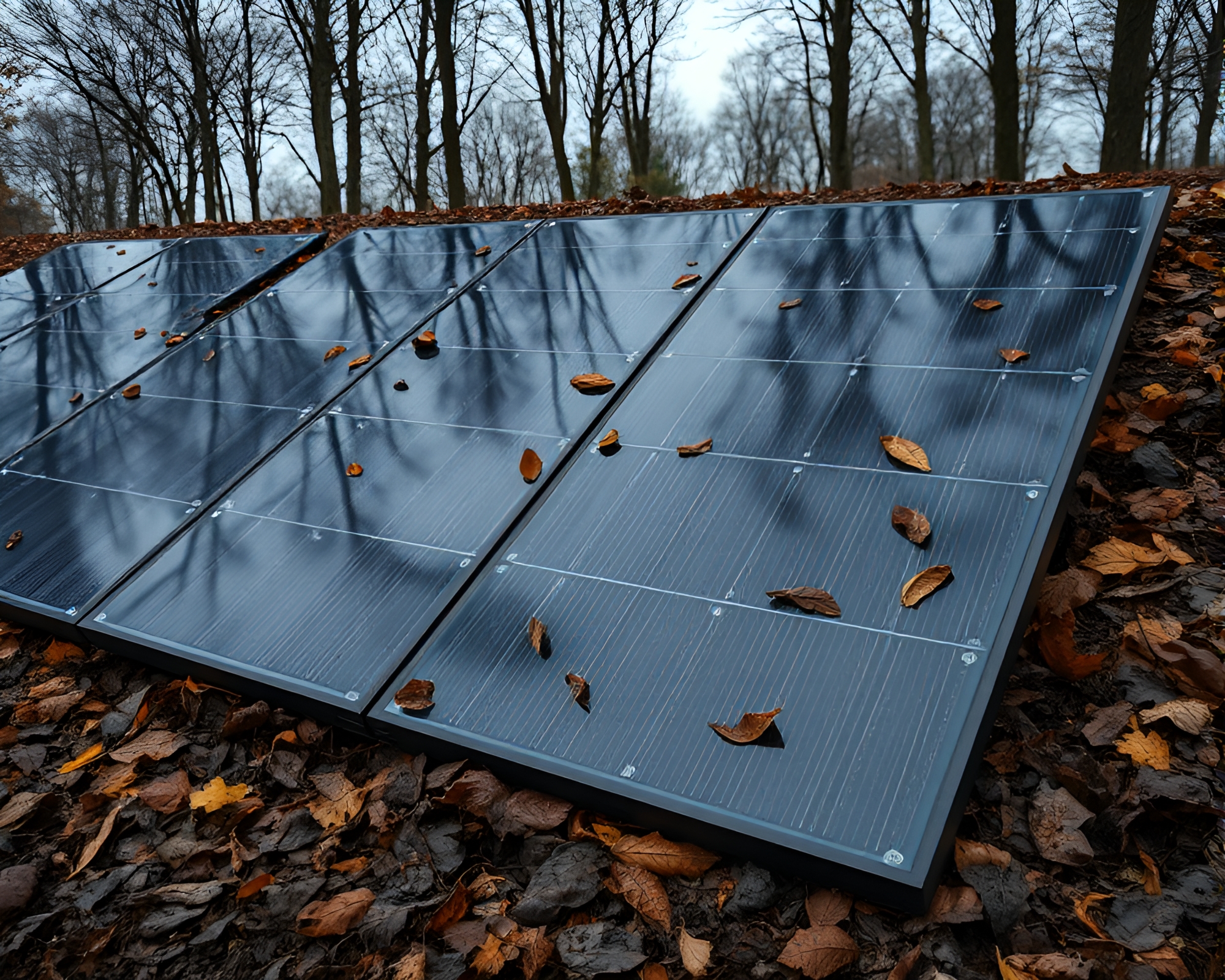Charcoal Black Solar Panel Array Among Leaf Litter – free AI stock image