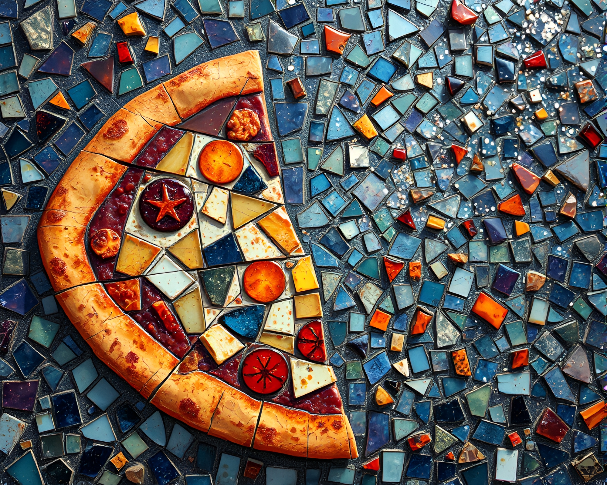 Pizza Slice Mosaic Fresco with Stardust Shimmer – free AI stock image