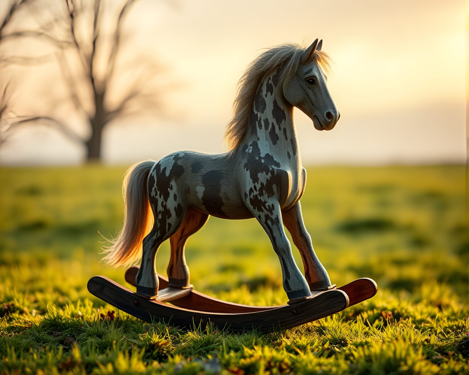 Vintage rocking horse covered in mildew under morning light