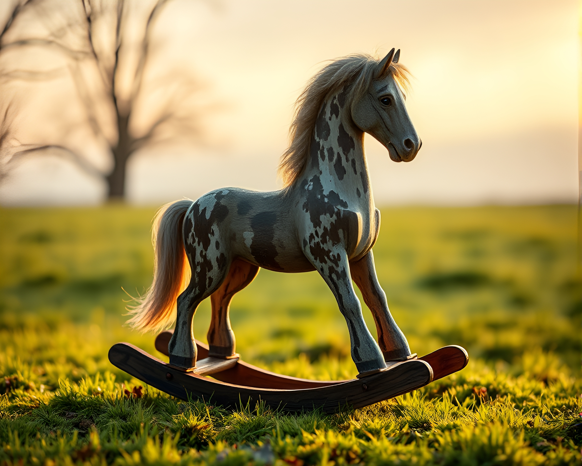 Mildew-spotted wooden rocking horse in cool dawn light – free AI stock image