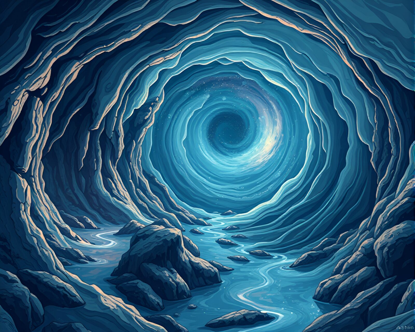 Illustration of swirling vortex in cave with milky way backdrop