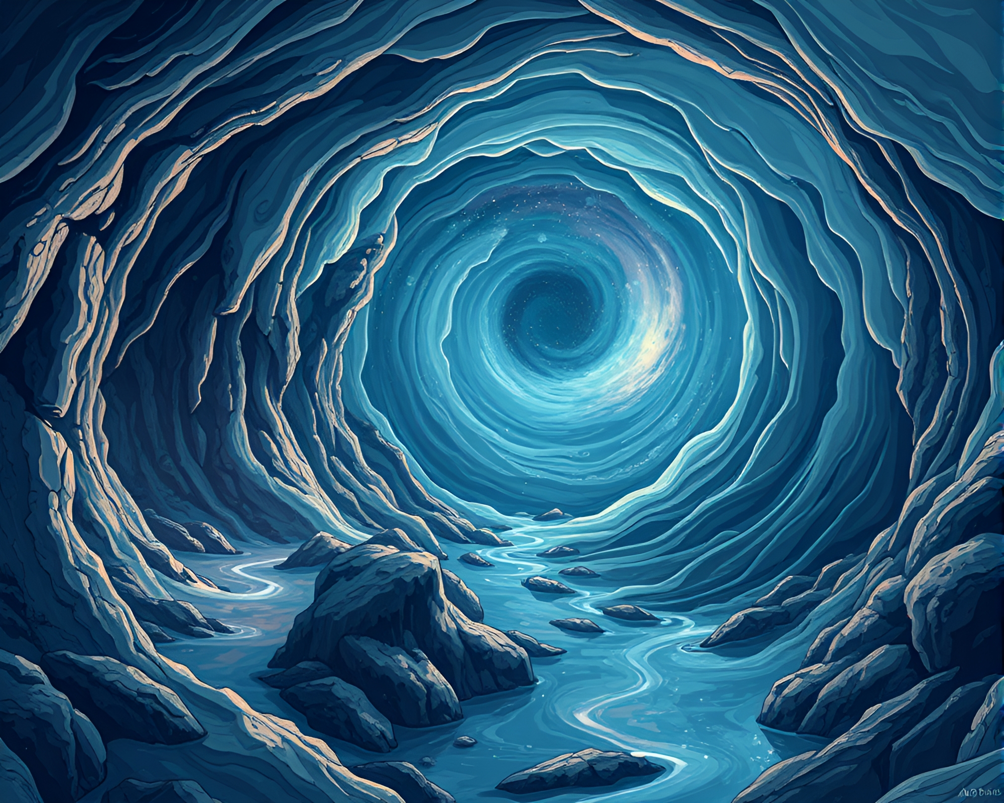Futuristic Cave Stalactites Swirling Milky Way Vortex – free AI stock image