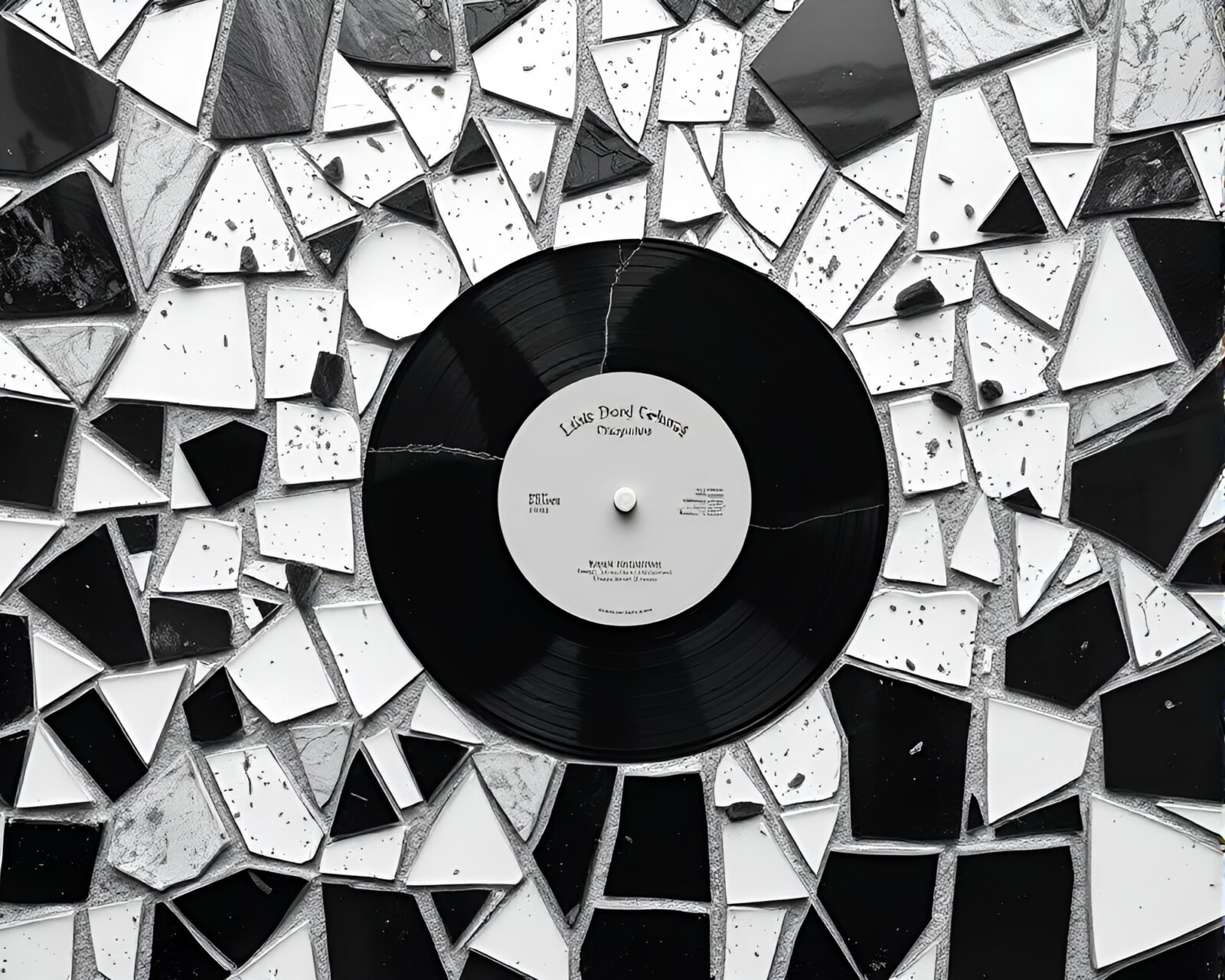 Abstract black and white mosaic with vinyl record fragments
