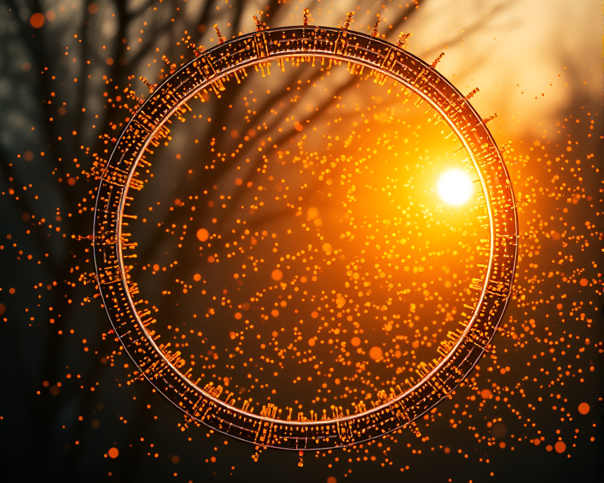 Golden Nanobot Swarm in Circular Fluorescent Frame – free AI stock image