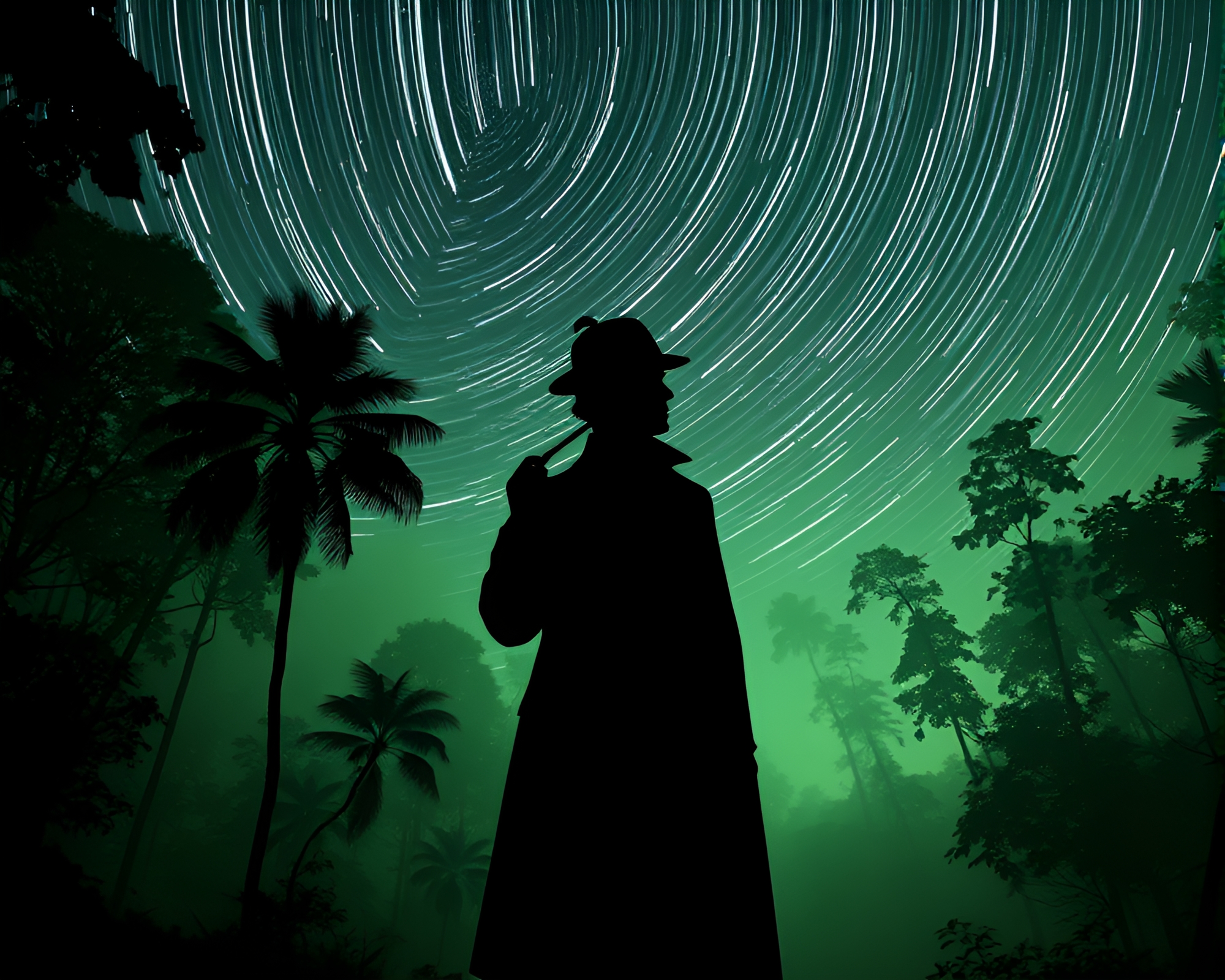 Dystopian Sherlock Holmes Star Trails Adventure – free AI stock image