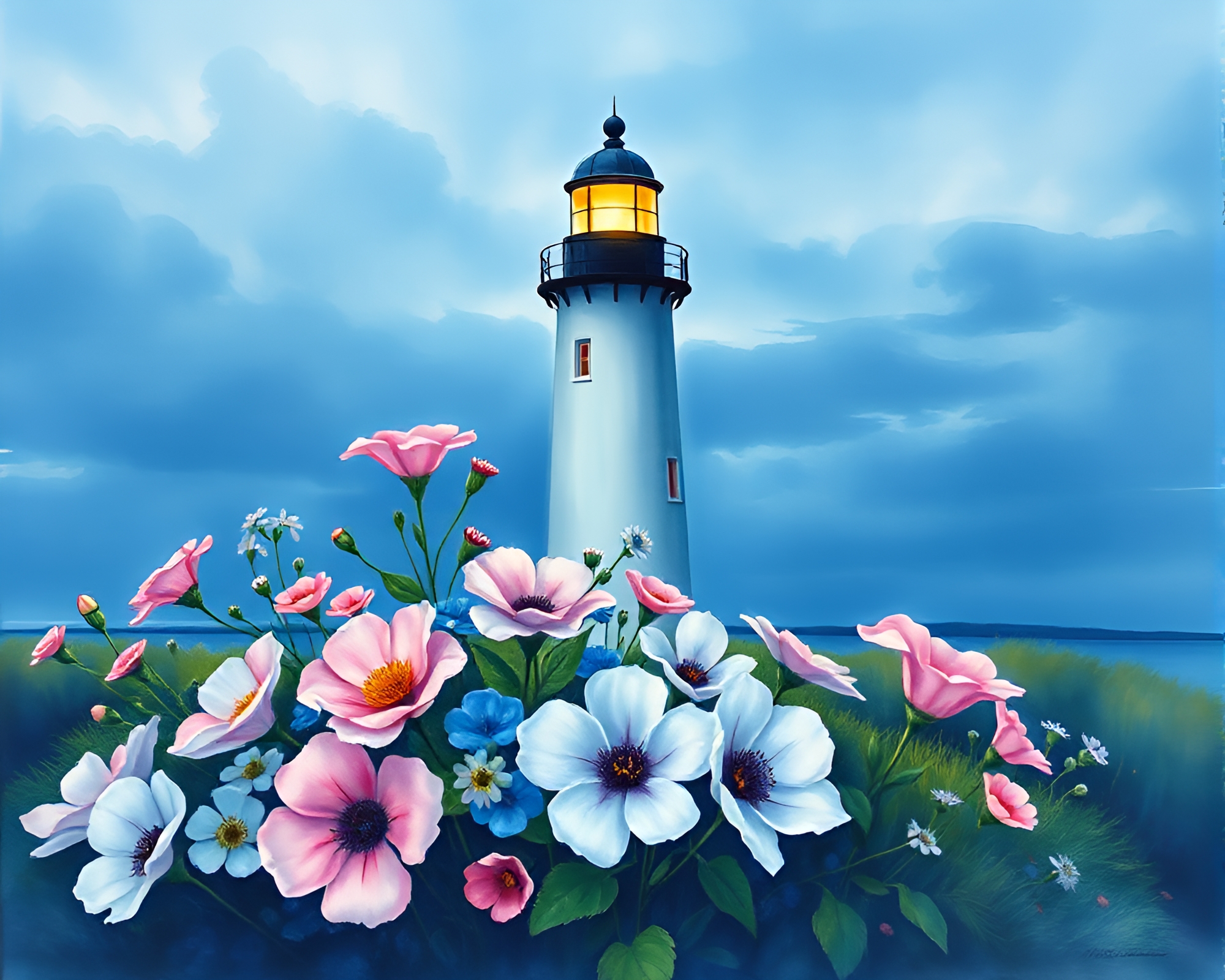 Watercolor Blooms: Abandoned Lighthouse in Cobalt Blue Twilight – free AI stock image