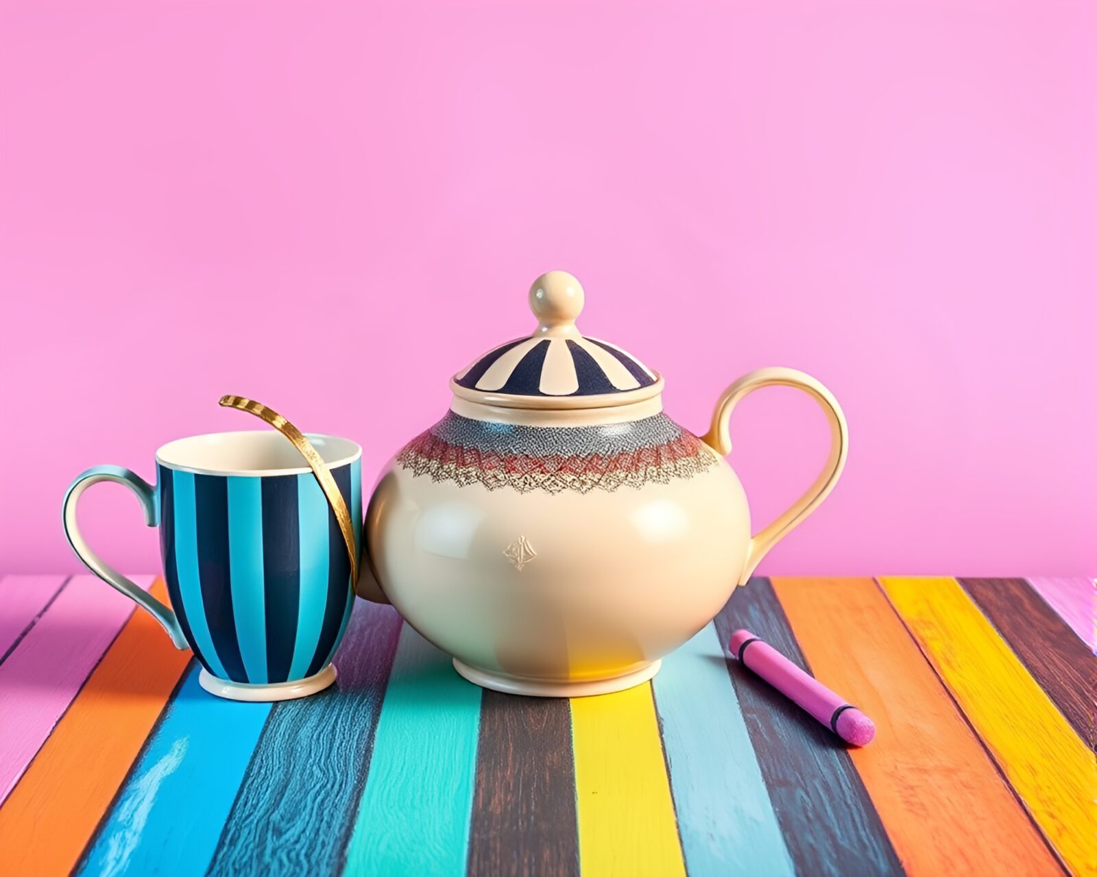 Striped pattern tea set in vibrant pastel neon colors