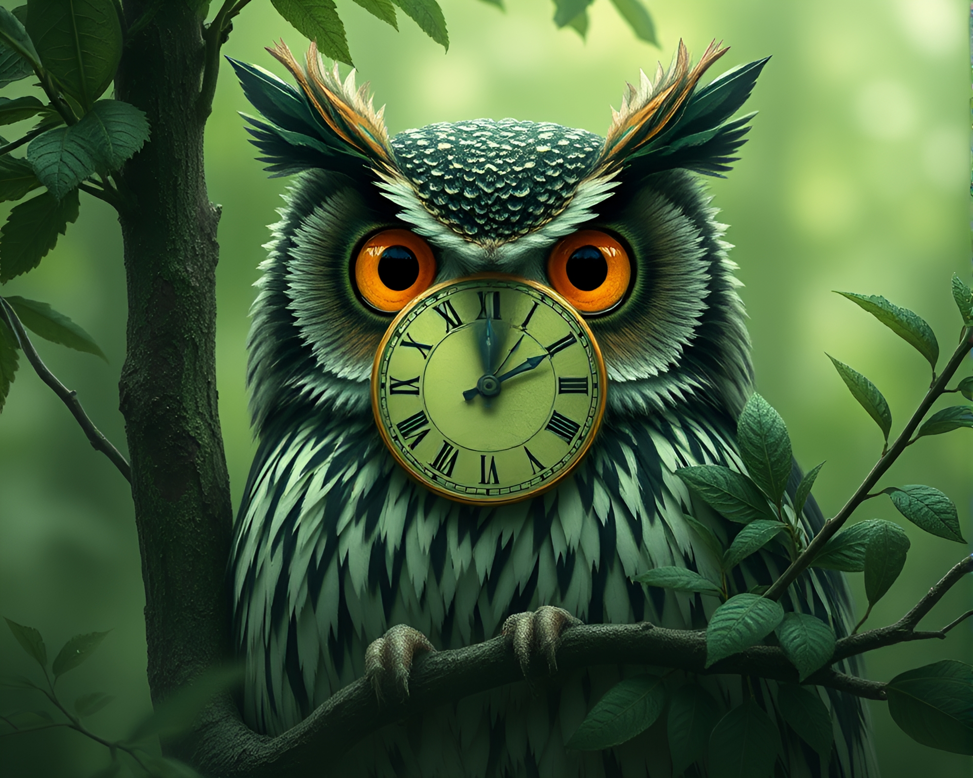 Clockwork Owl in Rainforest Green Haze Contouring – free AI stock image