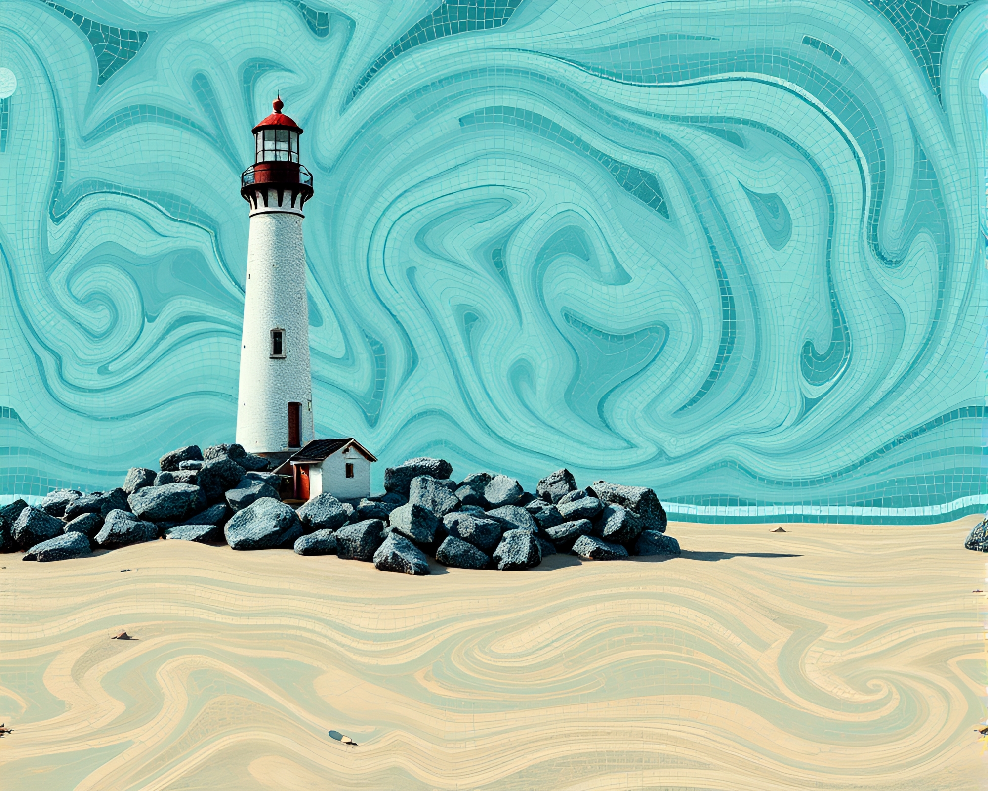 Teal Serenity: Abandoned Lighthouse Mosaic – free AI stock image