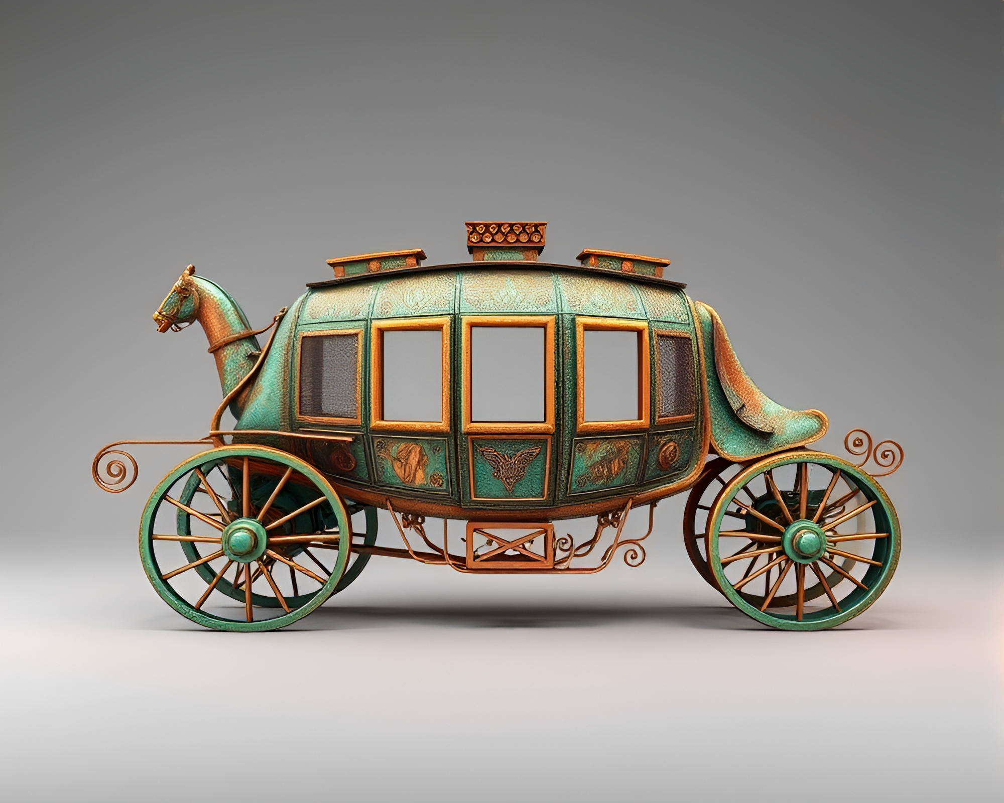 Copper Verdigris Stagecoach at Aurora Hues Sunset – free AI stock image