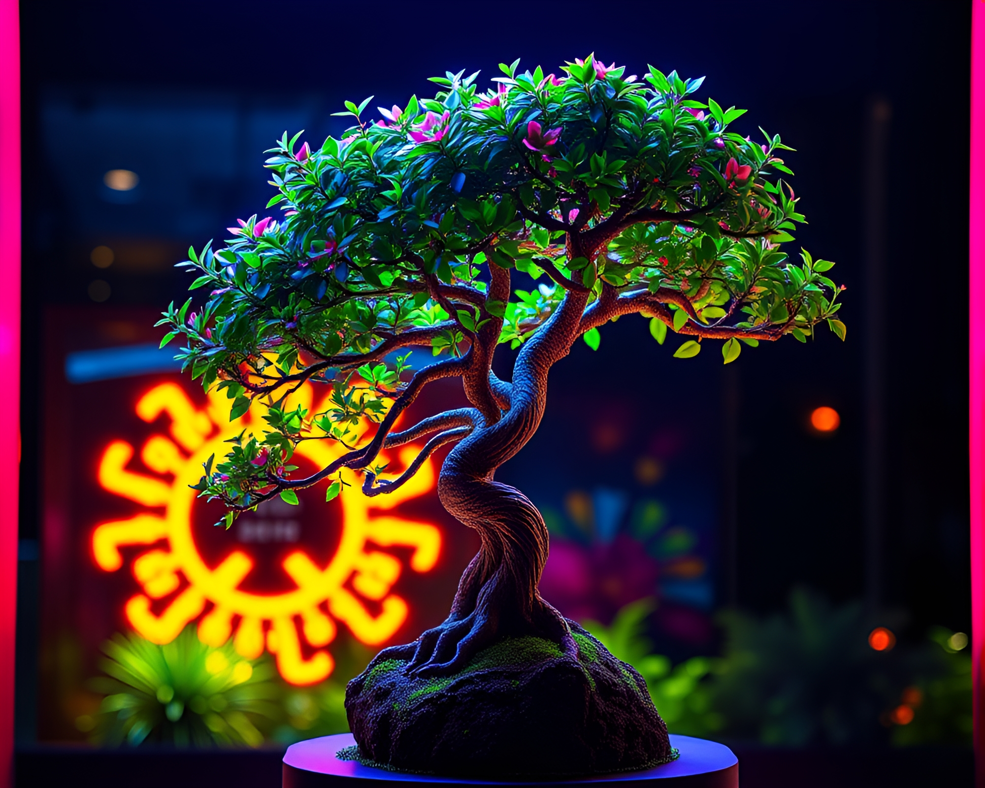 Neon Bonsai Tree with Kaleidoscope Glow Pop – free AI stock image
