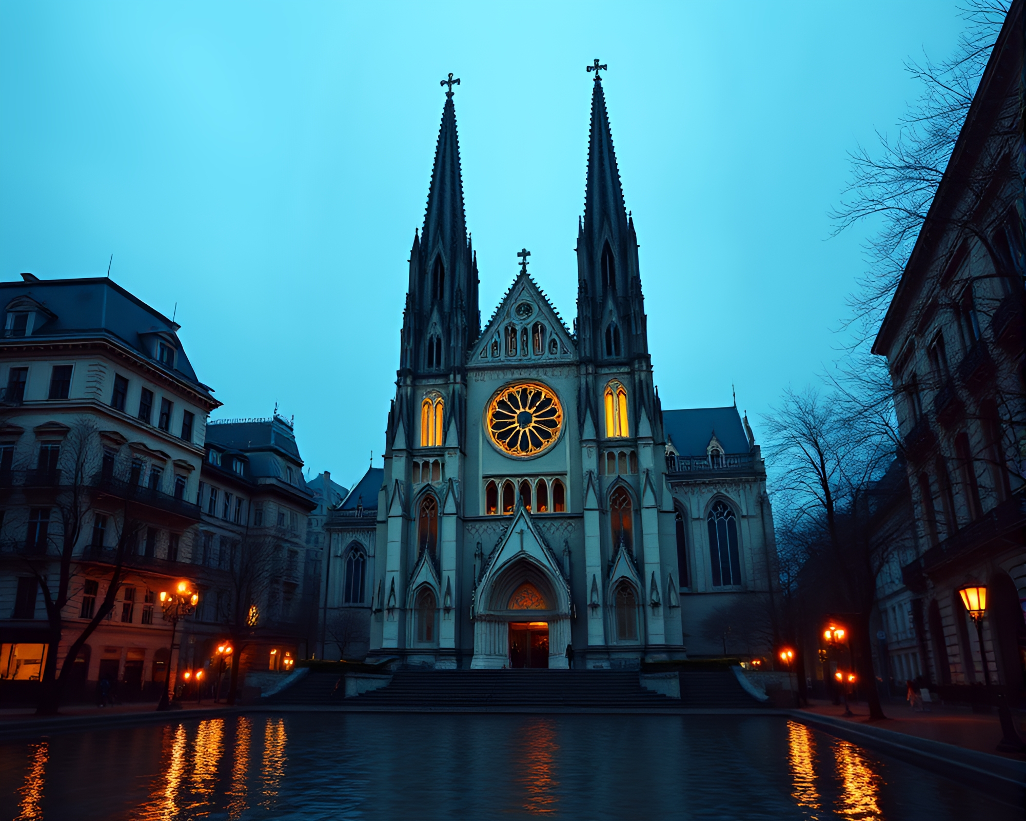 Gothic Cathedral Bathed in Turquoise Light with Film Burns – free AI stock image