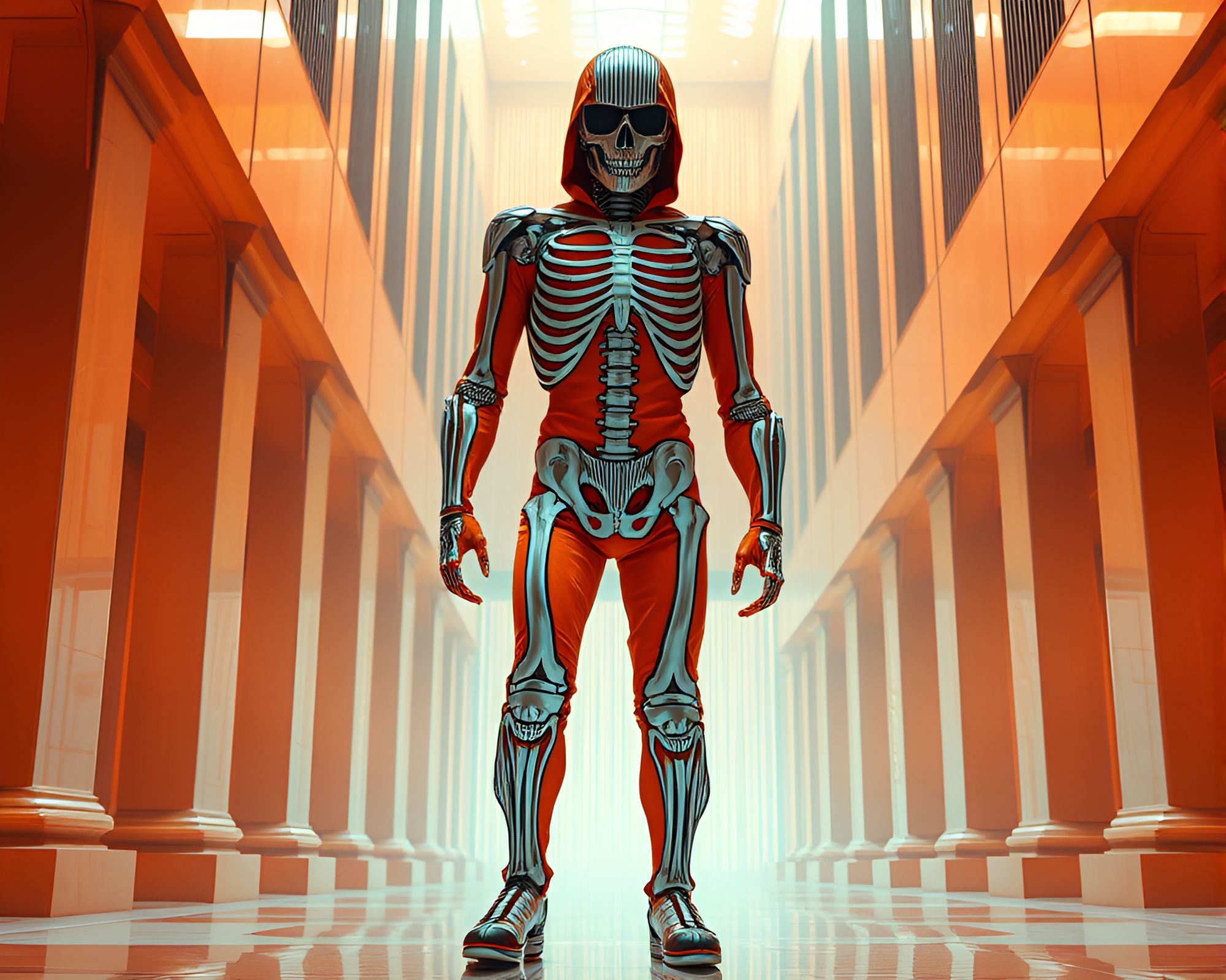 Futuristic Exoskeleton Suit in Architectural Barcode Light – free AI stock image