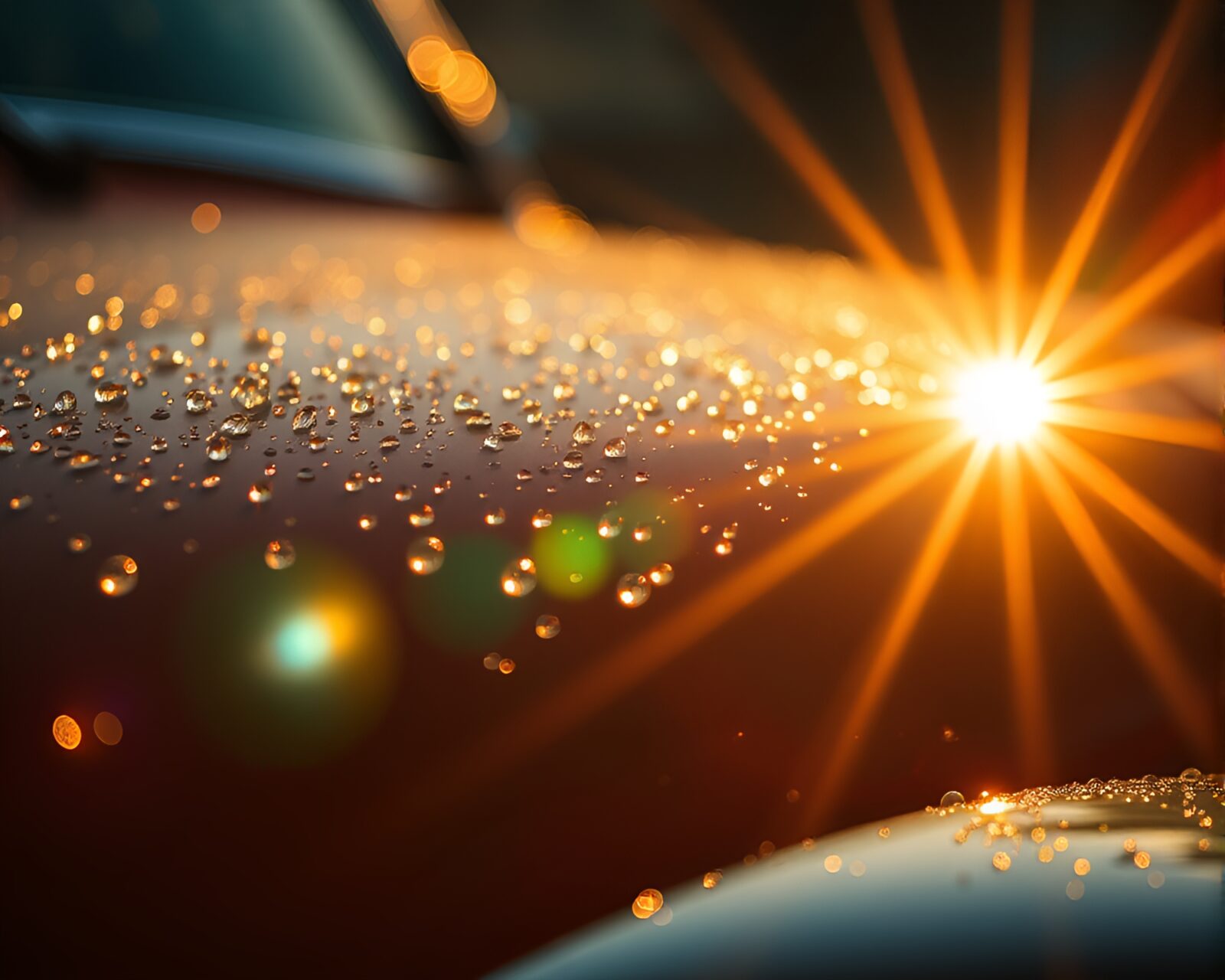 Retro automobile glistening under colorful dew drops and lens flare