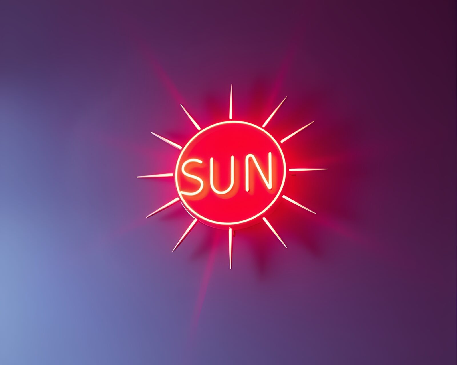 Bright neon sign reflecting crystal clear sun glares
