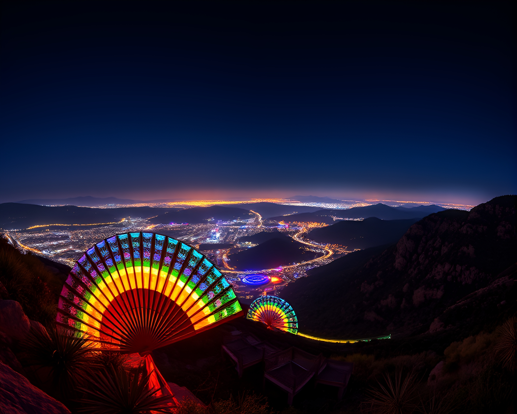 Hand-Painted Fan in Phosphorescent Panoramic Glow – free AI stock image