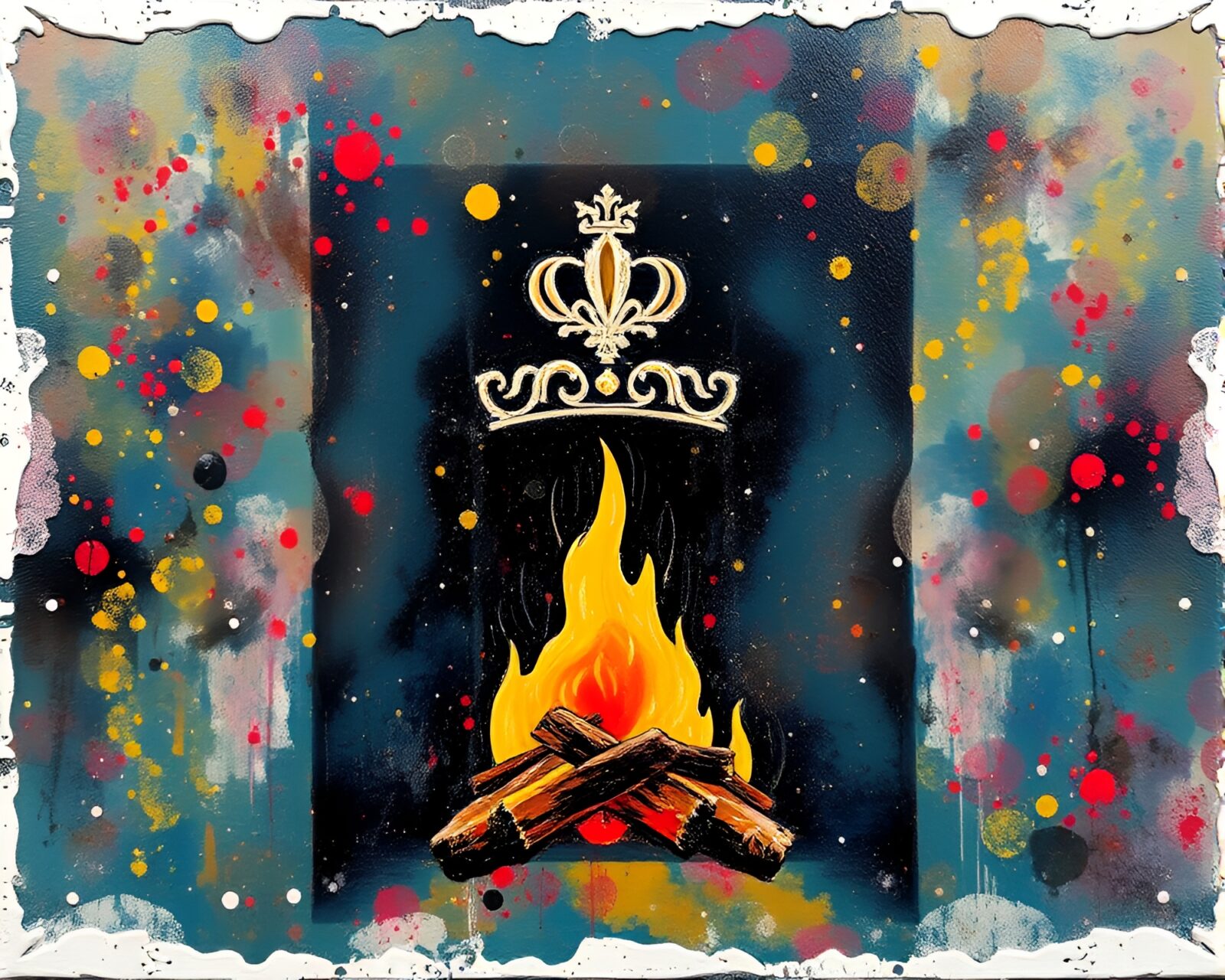 A majestic crown painted in fiery acrylic splatters