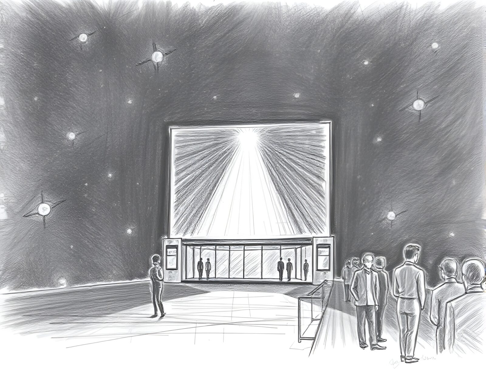 A pencil drawing of a satellite reflecting in dramatic lighting