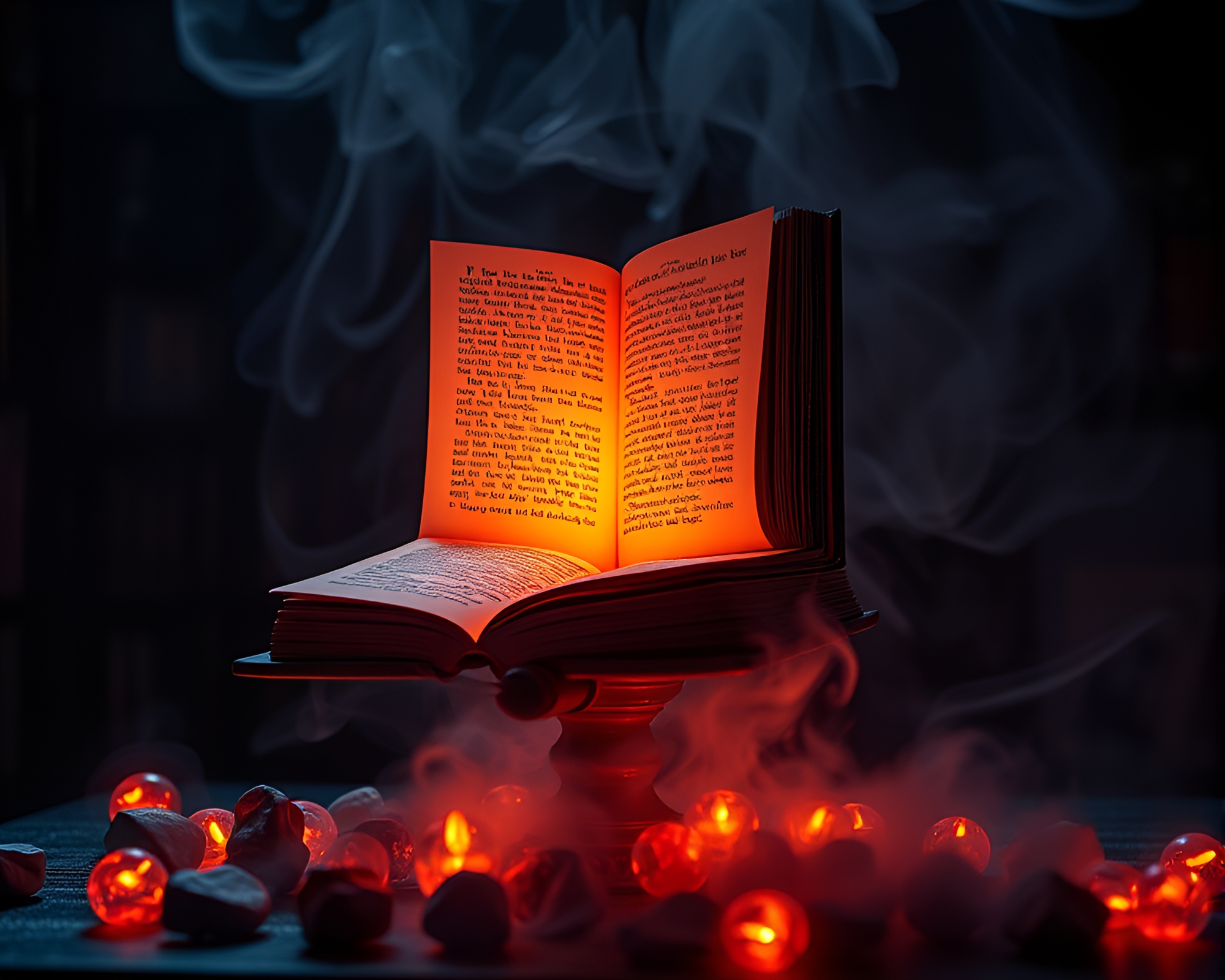 Enchanted Book Illuminated by Floating Embers in Library – free AI stock image