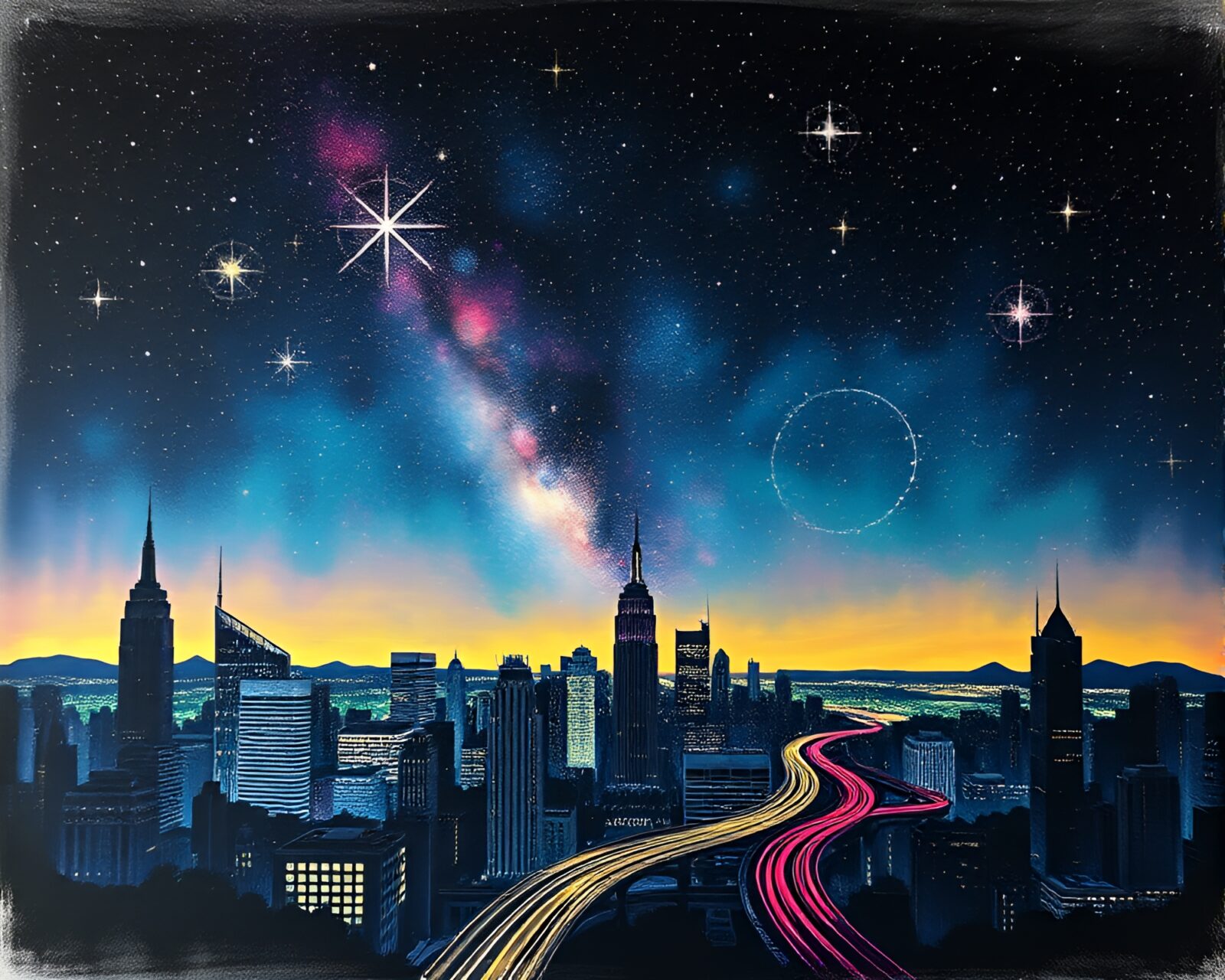 Vibrant chalkboard drawing of a sci-fi city under star trails