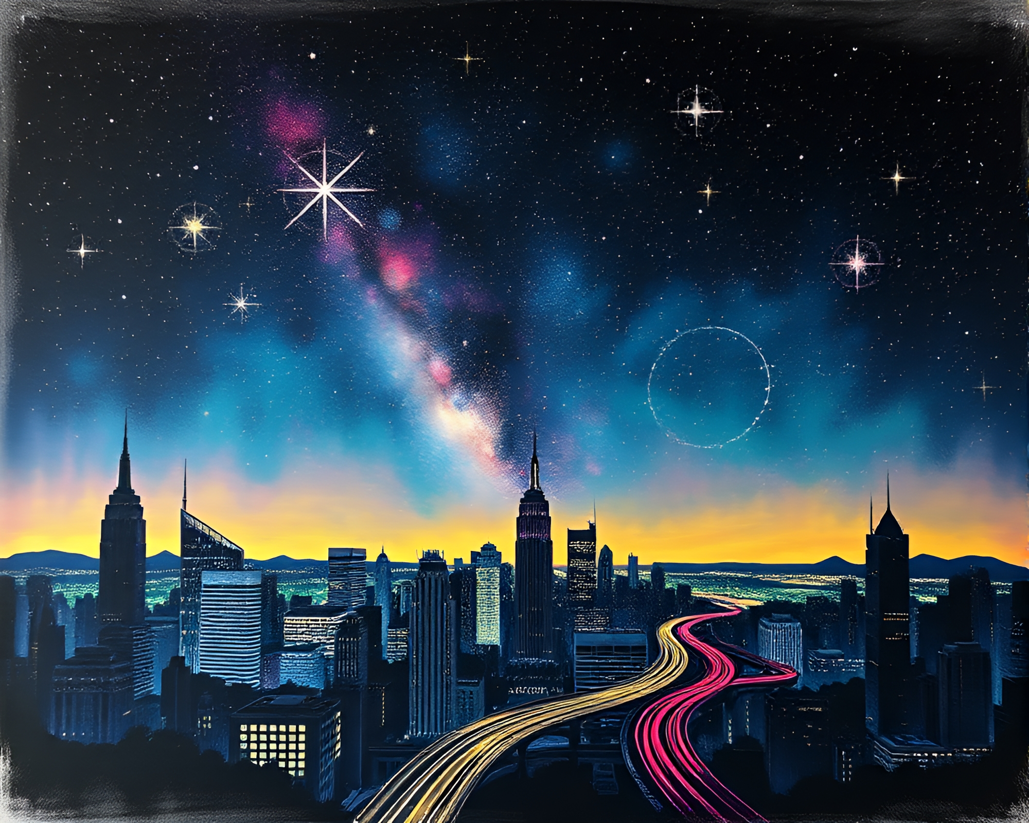 Futuristic Virtual Cityscape under Jewel-Toned Star Trails – free AI stock image