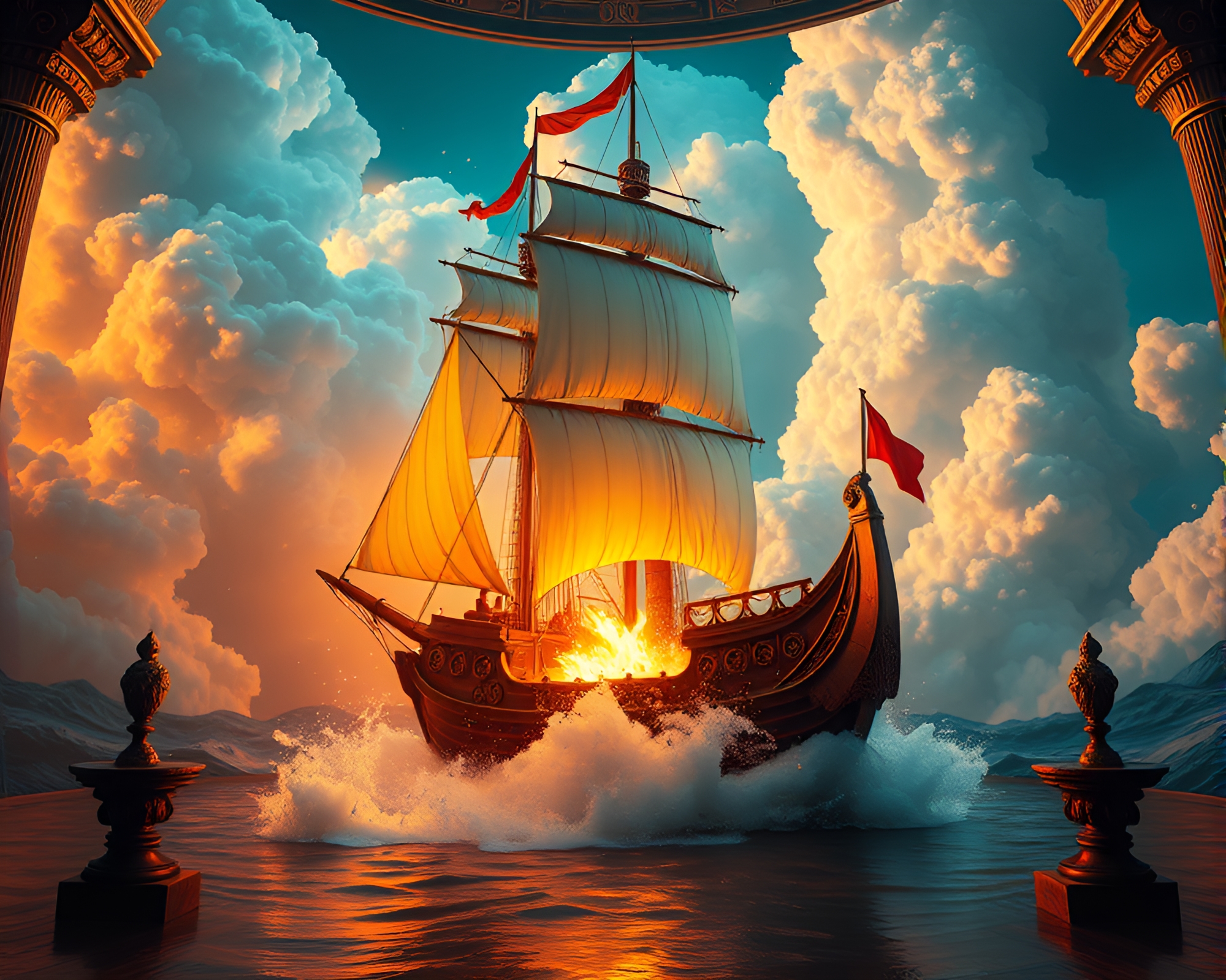 Explosion Cloud Engulfs Classic Sailing Ship in Throne Room Glow – free AI stock image