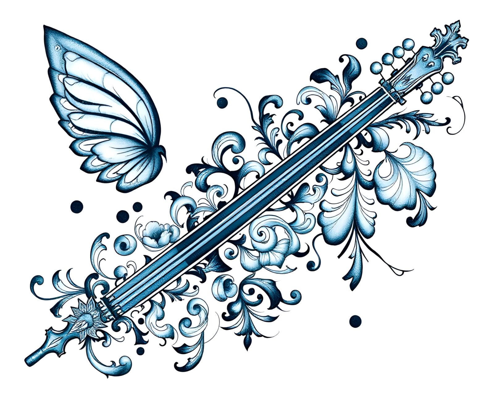 Elegant cello design with intricate tattoo patterns in steel-blue hues