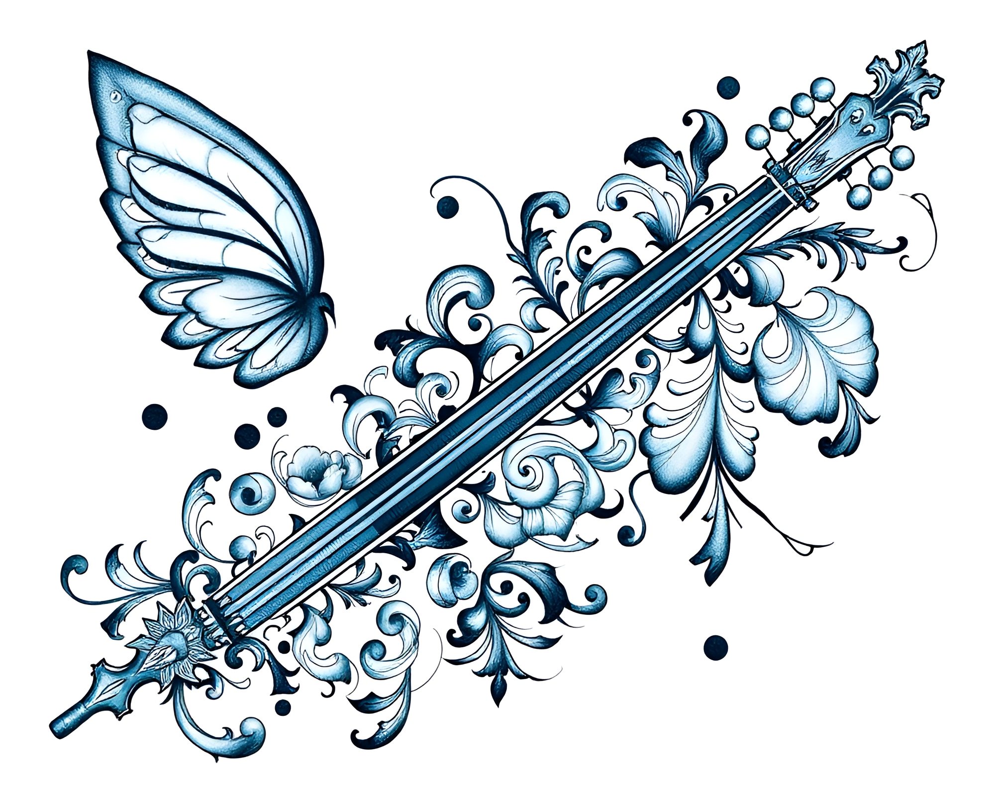 Intricate Cello Patterns in Steel-Blue Tattoo Art – free AI stock image