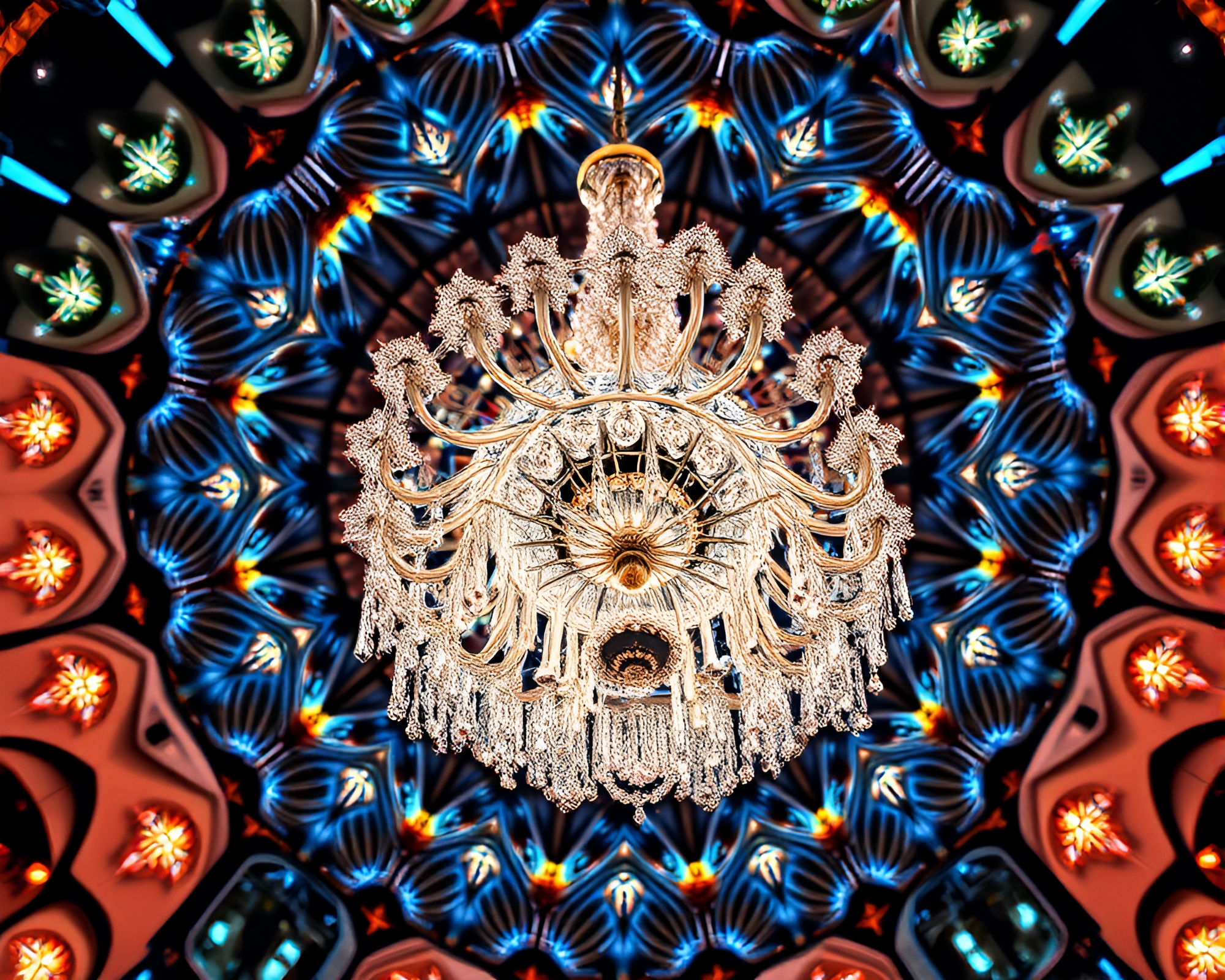 Ethereal holographic chandelier with kaleidoscope lights – free AI stock image