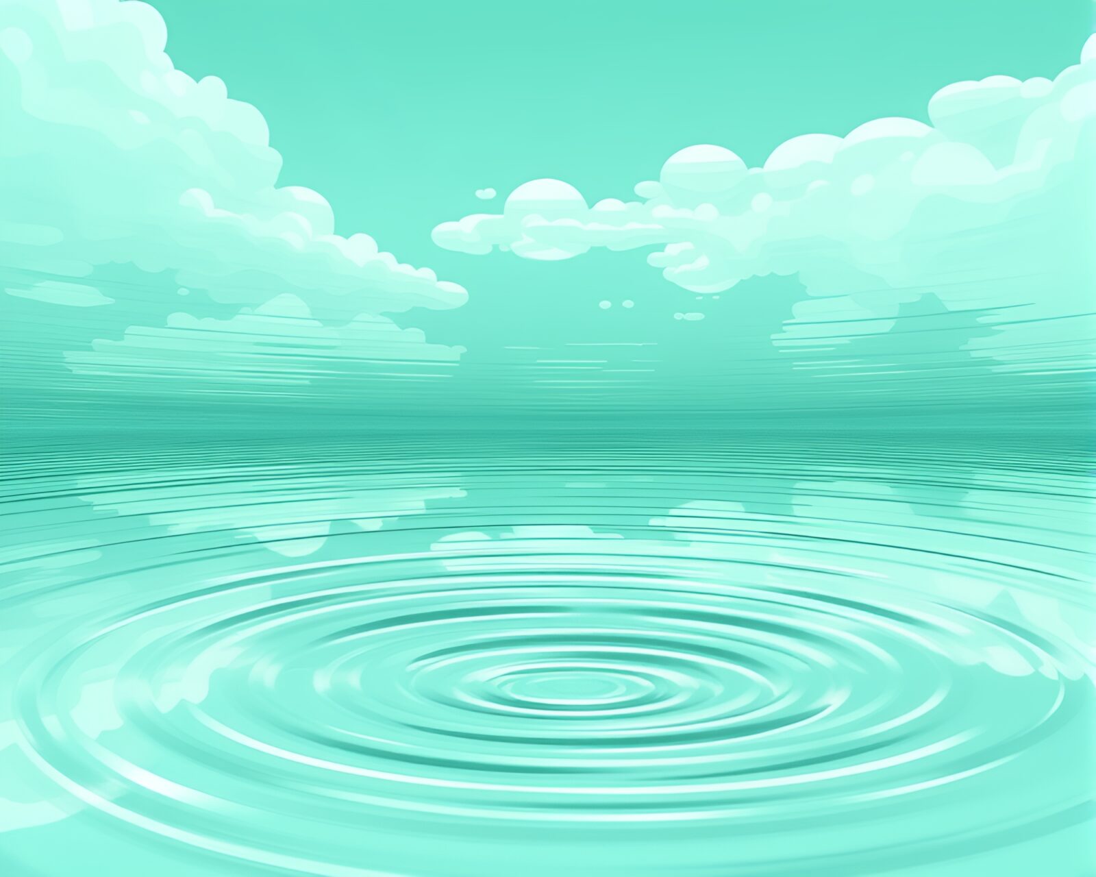 Fantastical cartoon world with mint green water and dreamlike ripples