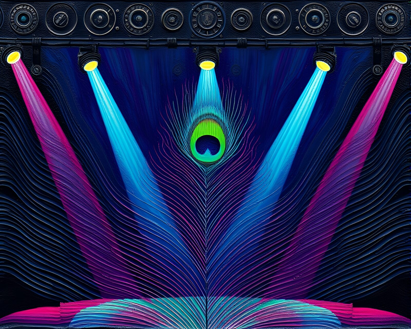 Vibrant oil impasto textured peacock feather under concert lights