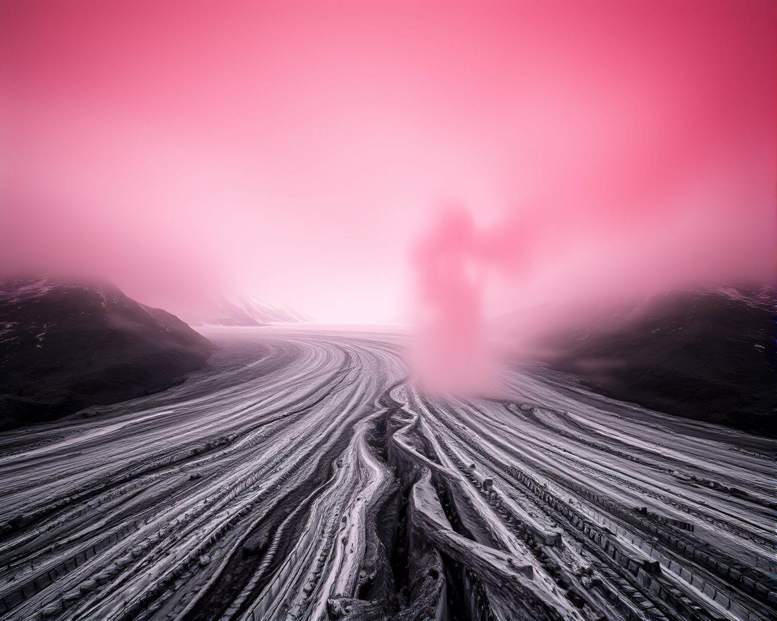 Long exposure photo of swirling red smoke over a glacier
