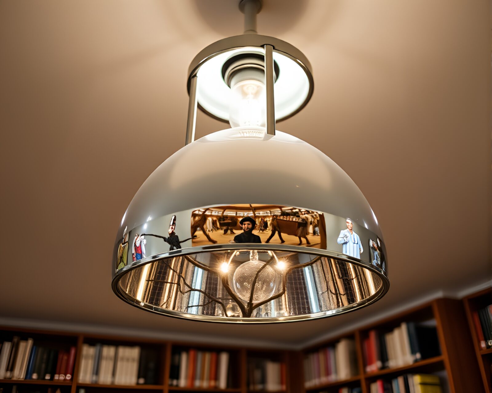 A treehouse with chrome reflections, illuminated by library lamp light.