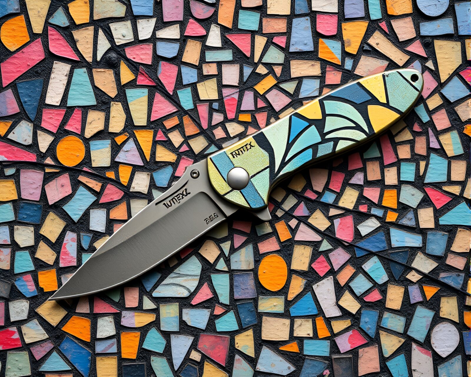 A rusty pocketknife swirling in a pastel vortex of mosaic patterns