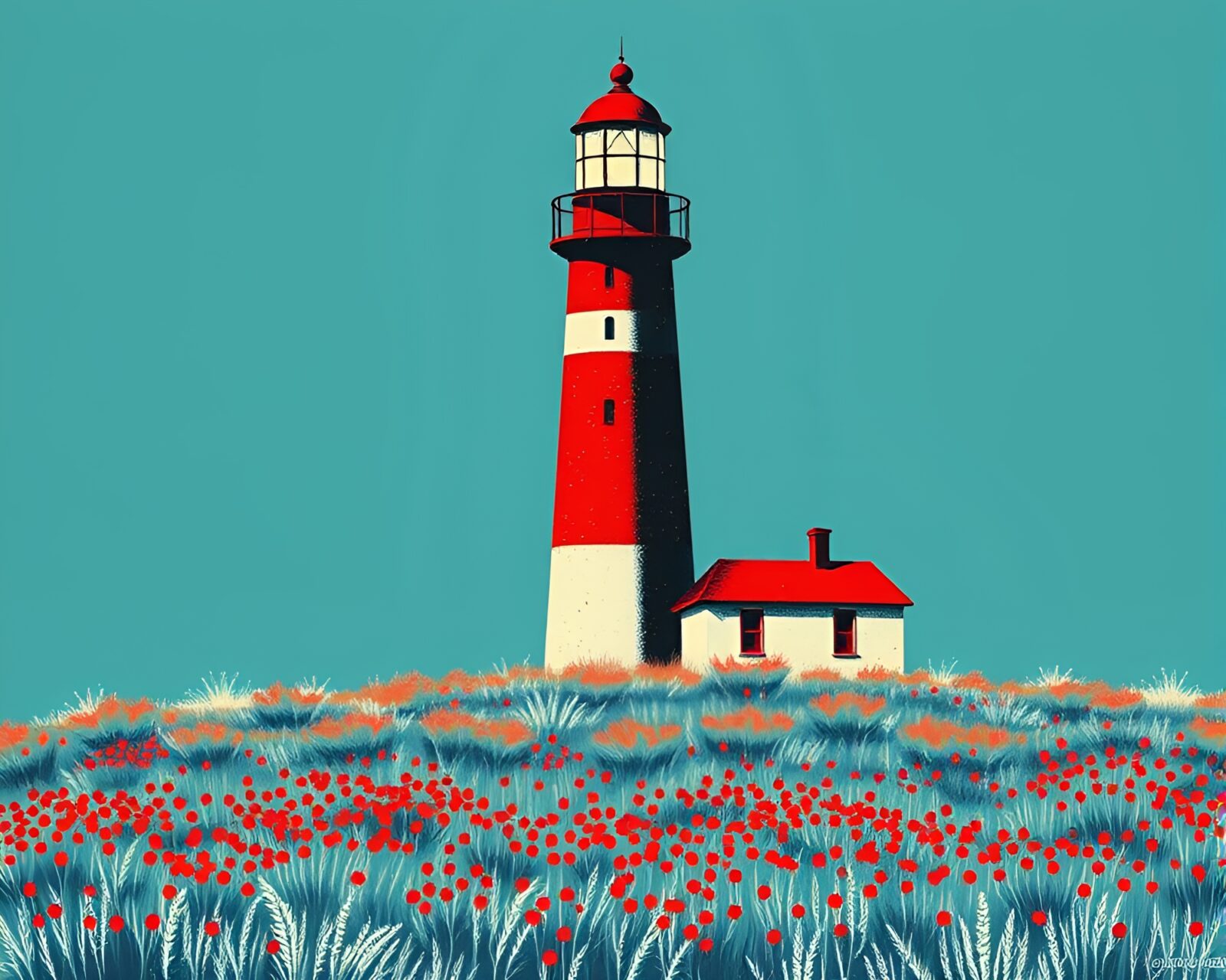 Vibrant, contrasted image of deserted lighthouse in intense red hues