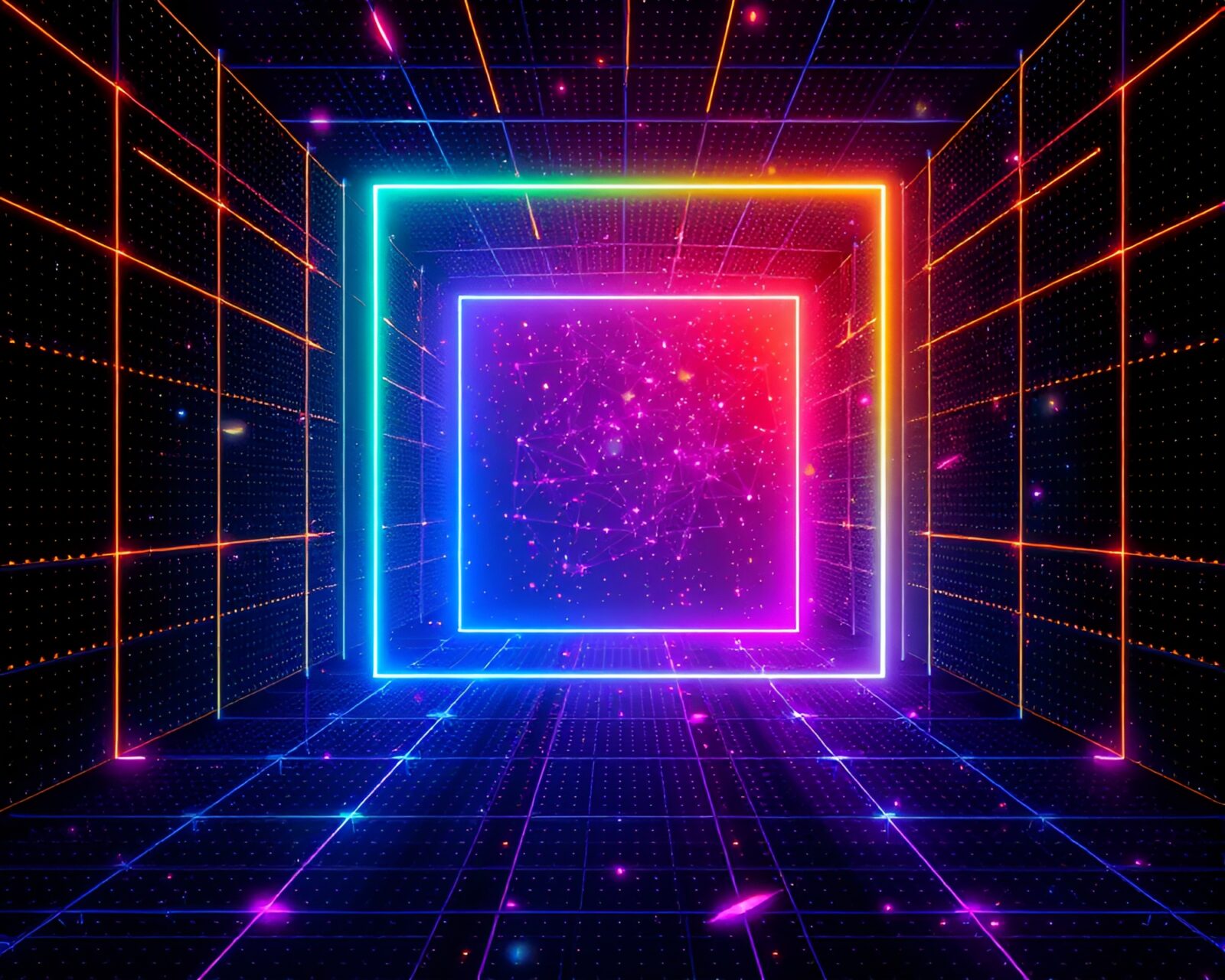 Abstract digital artwork of a colorful LED pixel grid portal