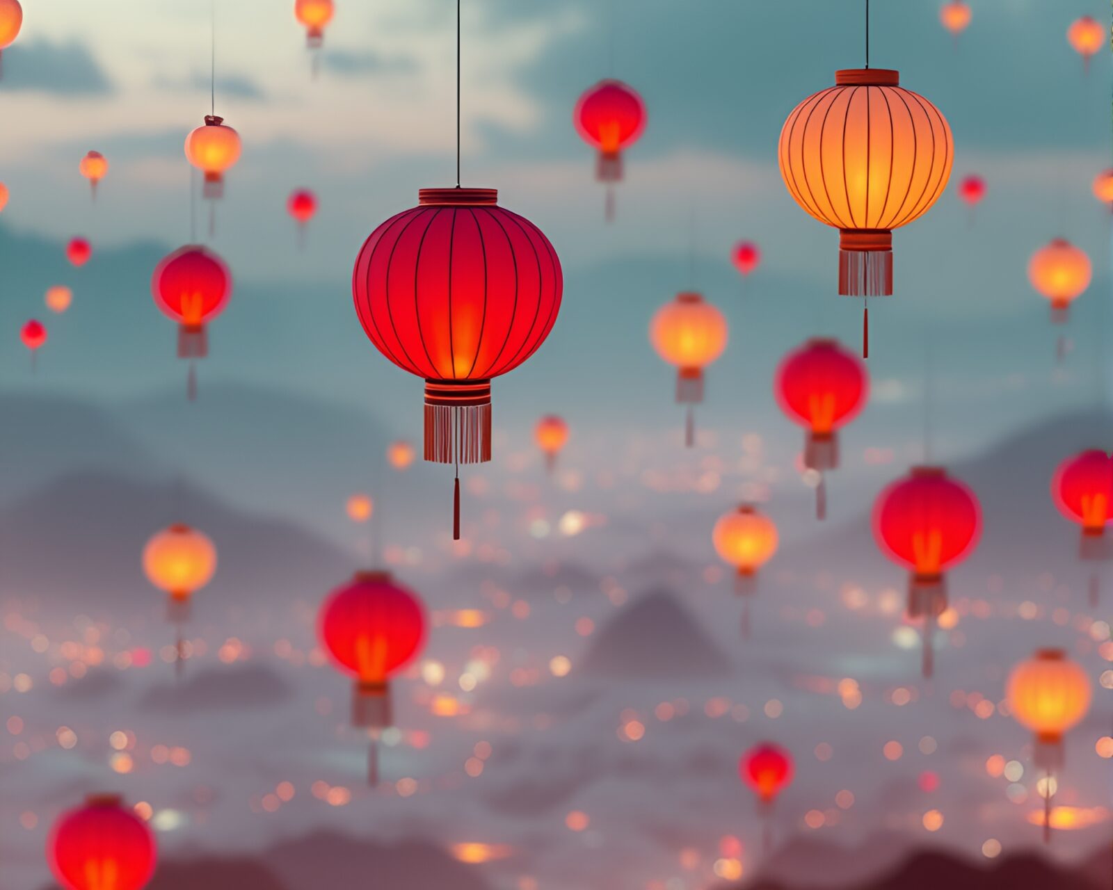Tranquil panoramic view of floating lanterns in a dreamy setting