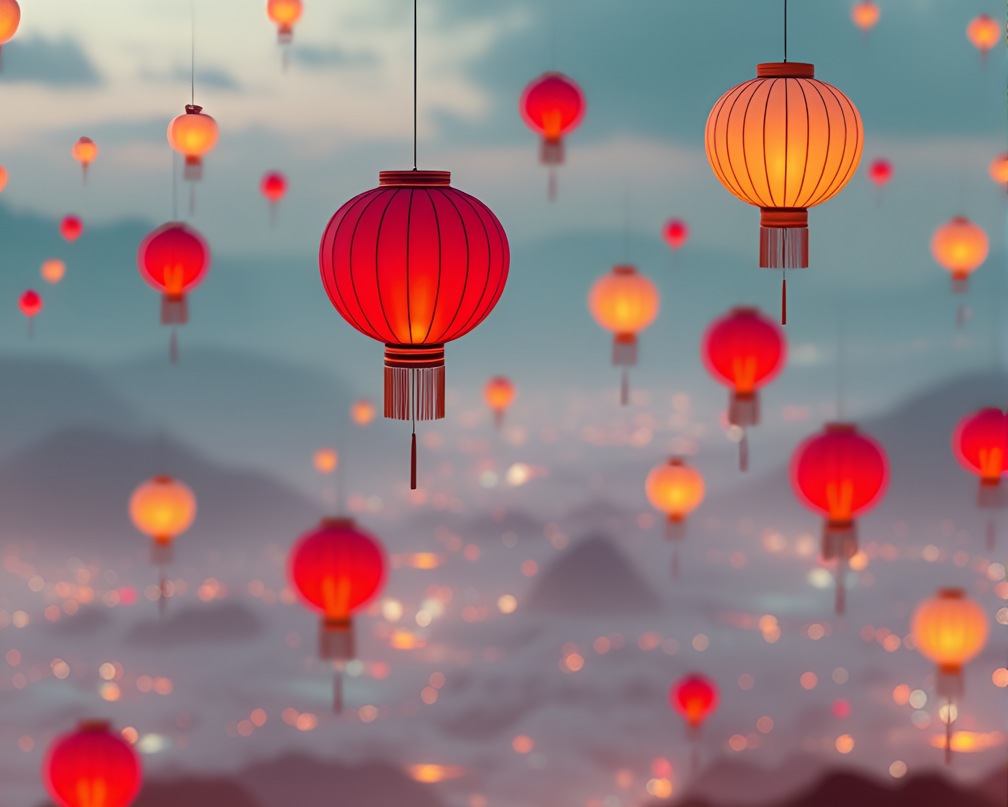 Panoramic Floating Lanterns: Washed-Out Dreamscape – free AI stock image