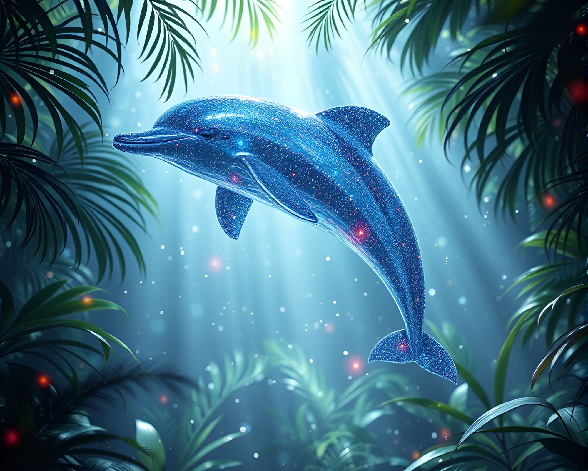 Intricate Wireframe Dolphin Swimming Through Holographic Jungle Canopy – free AI stock image