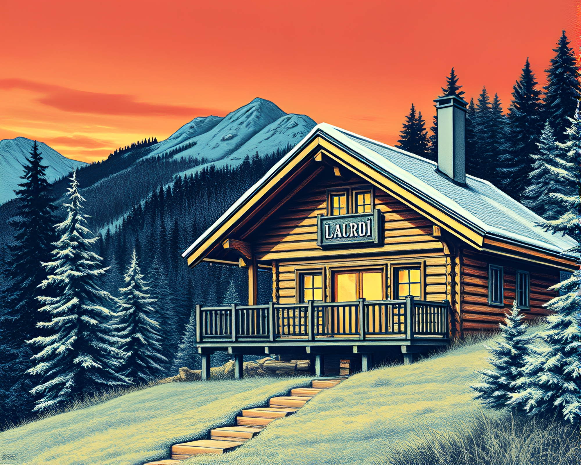Vector Halftone Alpine Chalet with CRT Flicker – free AI stock image