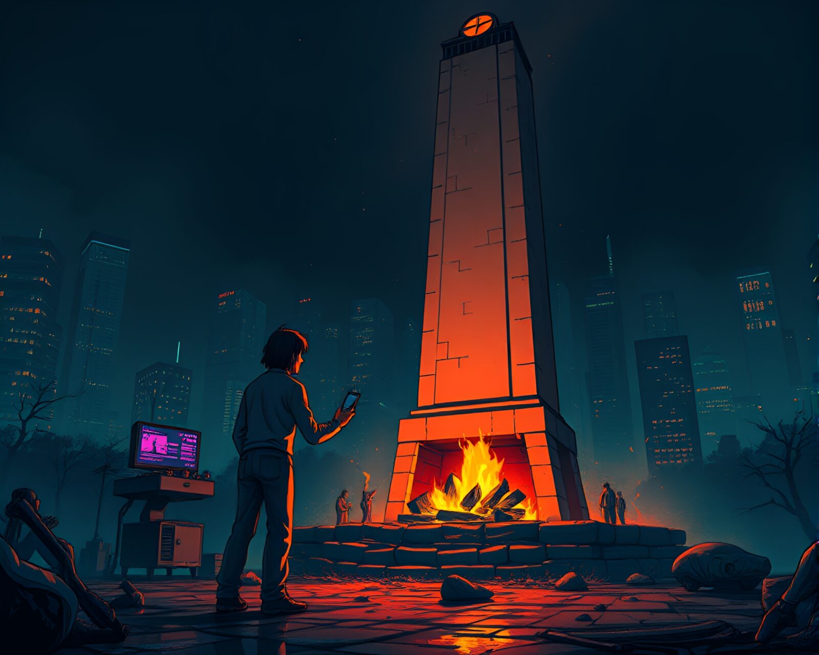Illustration of mysterious figure near flickering fireplace