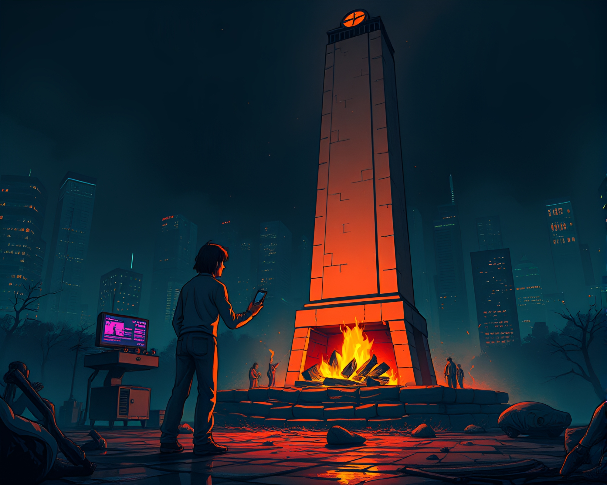 Cyberpunk Encounter at Hidden Obelisk – free AI stock image