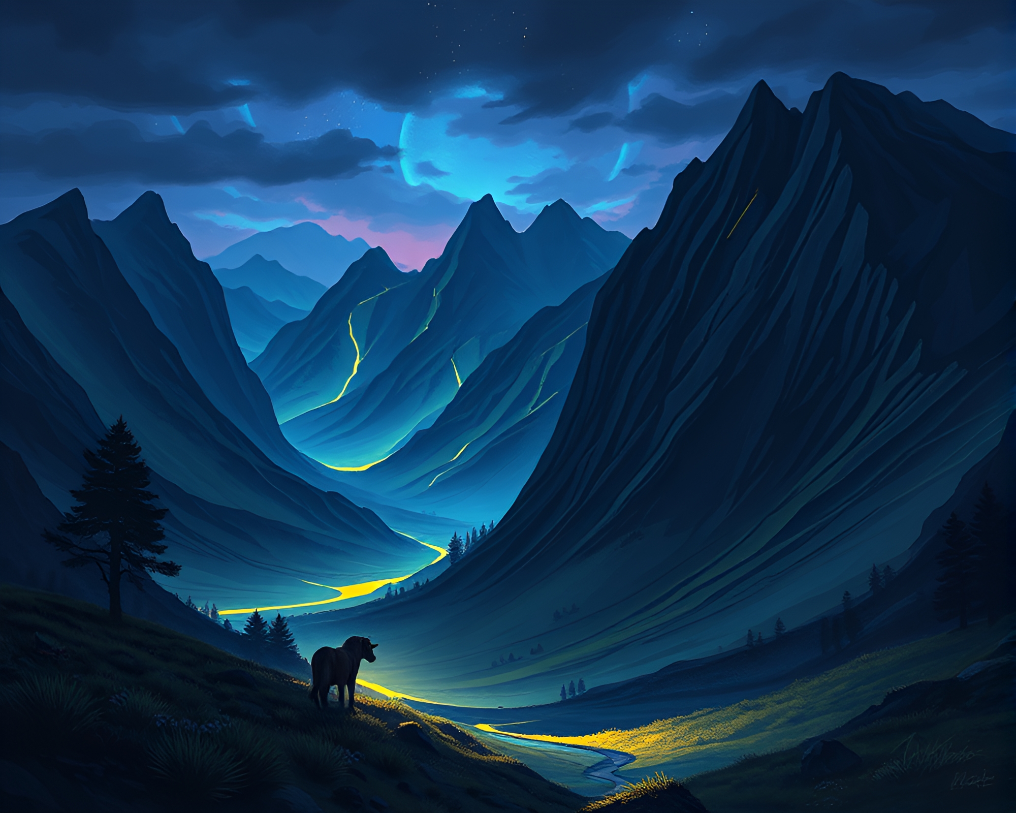 Mystical Valley Shaded in Glow-in-the-Dark Fantasy Art – free AI stock image