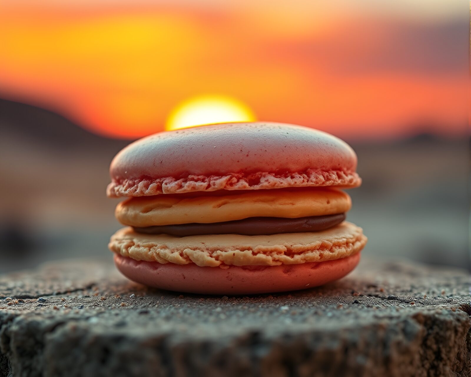 Artistic cubist style image of colorful macaron assortment against desert sunset